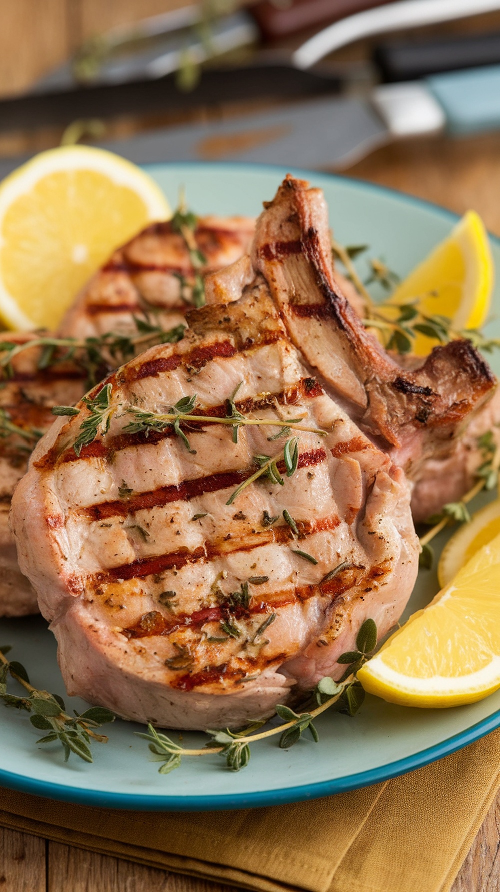 Grilled pork chops garnished with thyme and lemon slices