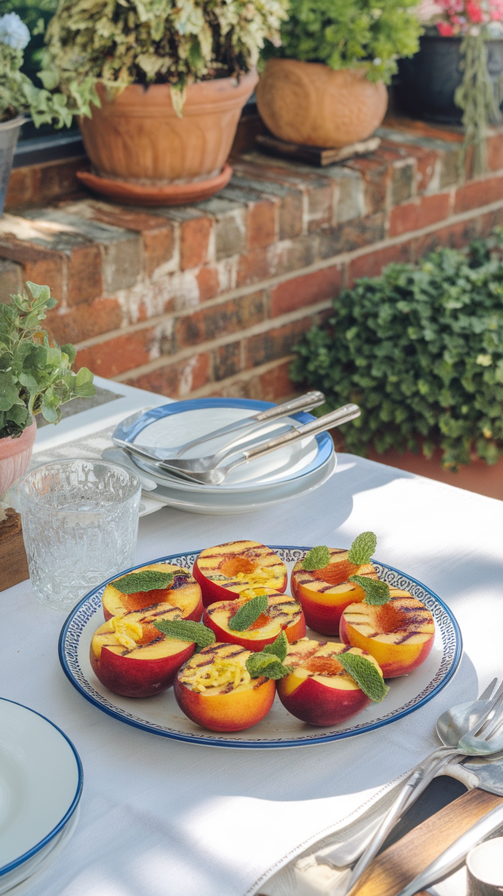 Grilled peaches topped with mint leaves on a decorative plate