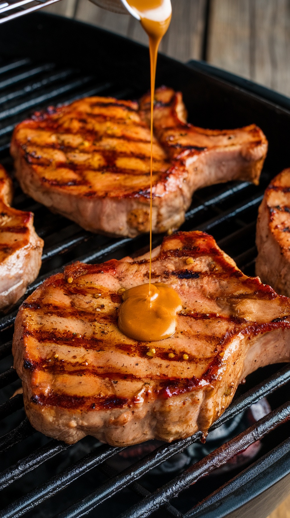 Grilled pork chops with maple mustard glaze being drizzled on top