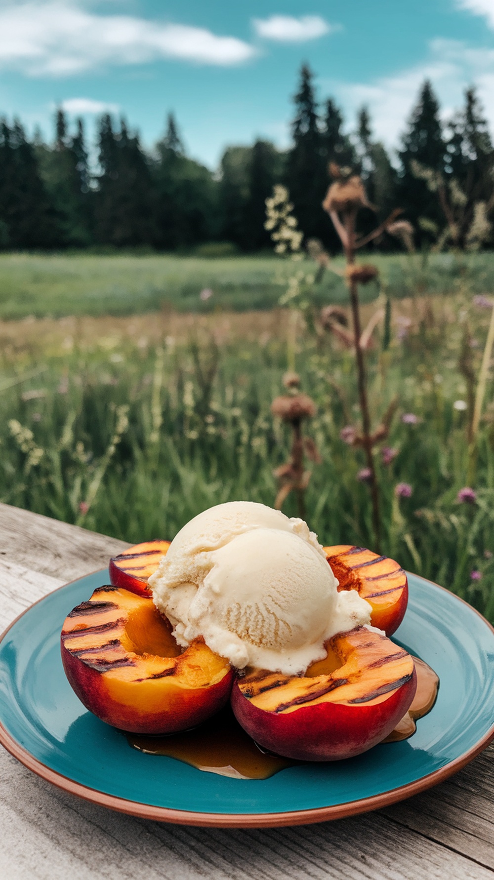 Grilled peaches topped with vanilla ice cream and maple syrup on a blue plate