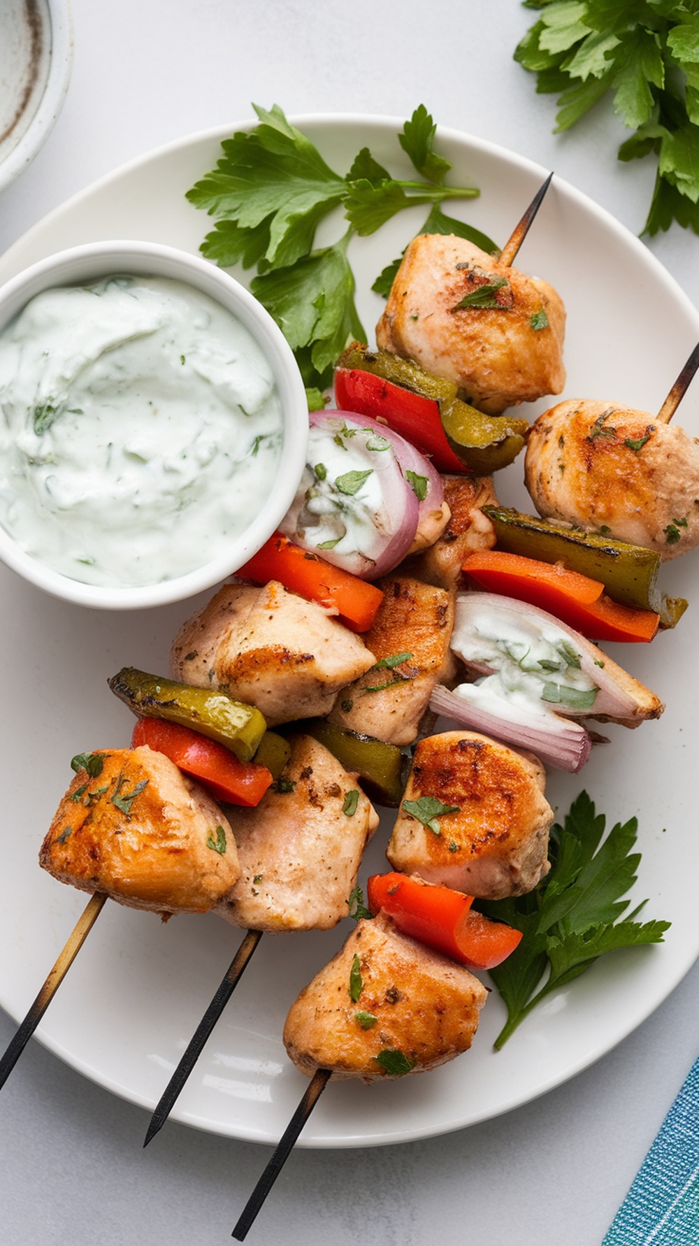 Mediterranean chicken skewers with tzatziki sauce on a plate