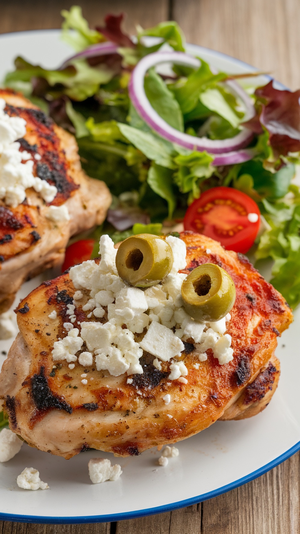 Grilled chicken thighs topped with feta cheese and olives, served with a fresh salad