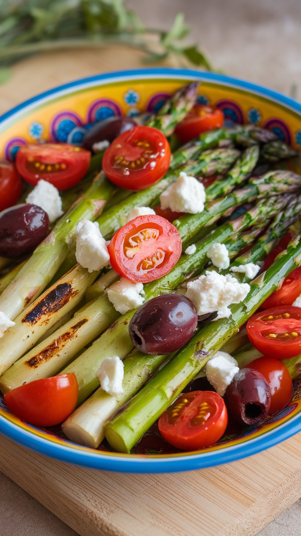 A colorful Mediterranean Grilled Asparagus Salad with grilled asparagus, cherry tomatoes, olives, and feta cheese.