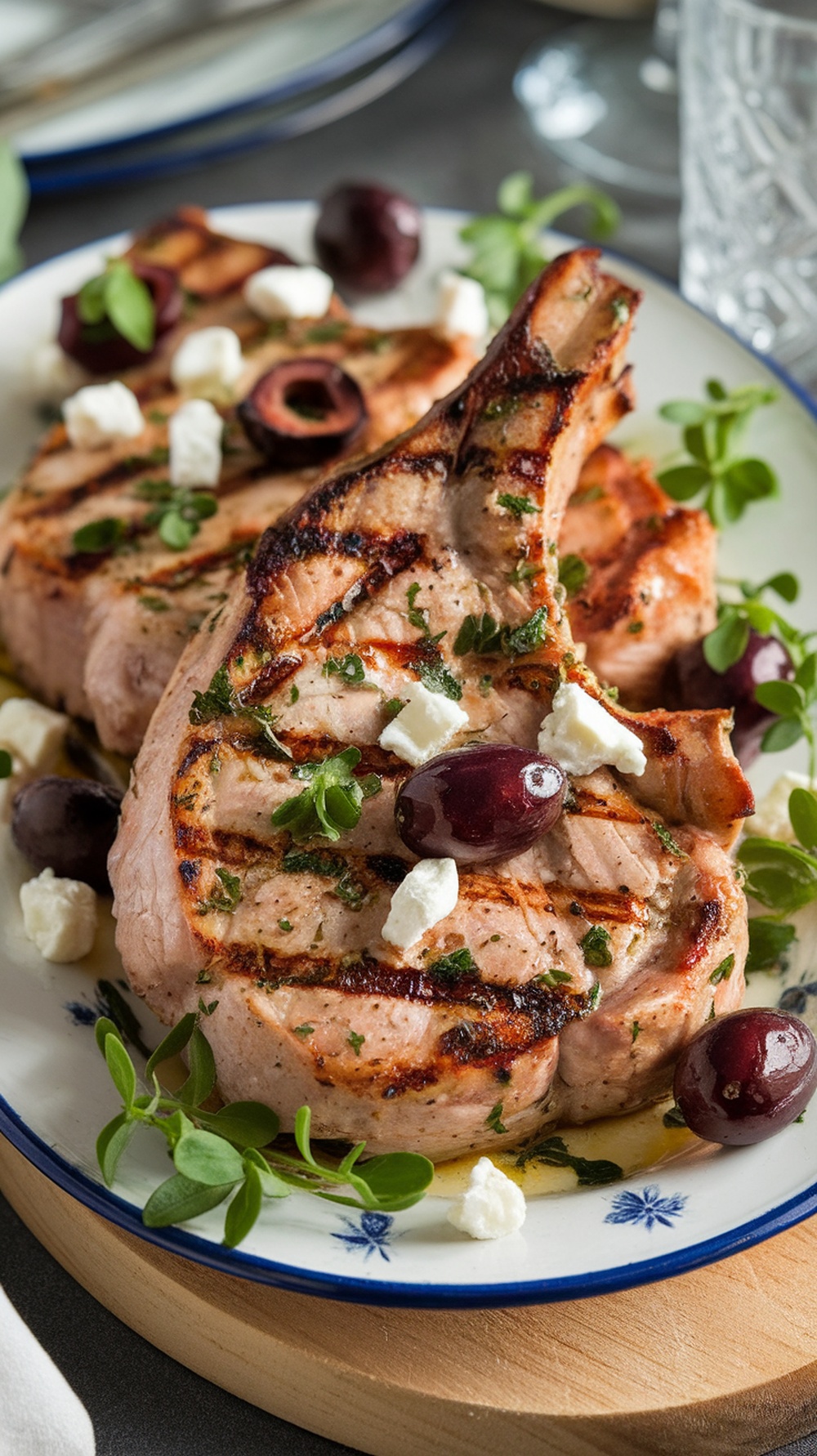 Grilled Mediterranean Herb Pork Chops with olives and feta cheese