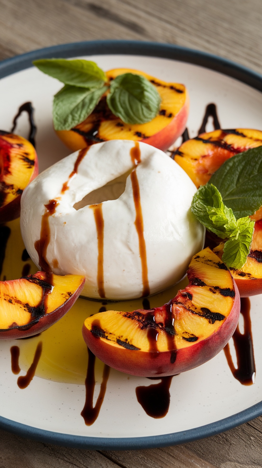 Grilled peaches with burrata cheese, drizzled with balsamic reduction and garnished with mint leaves.