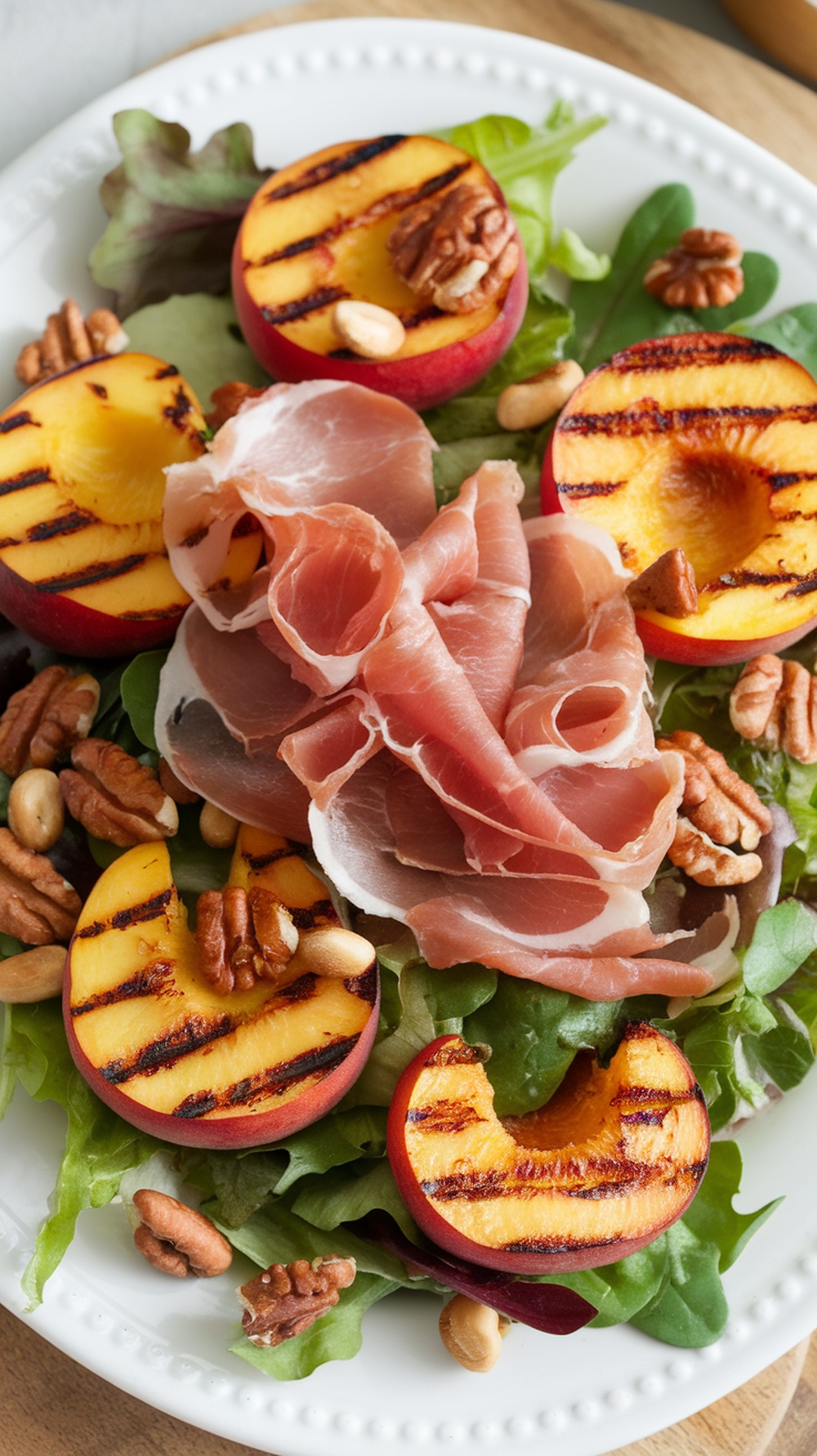 A colorful salad featuring grilled peaches, prosciutto, mixed greens, and nuts.