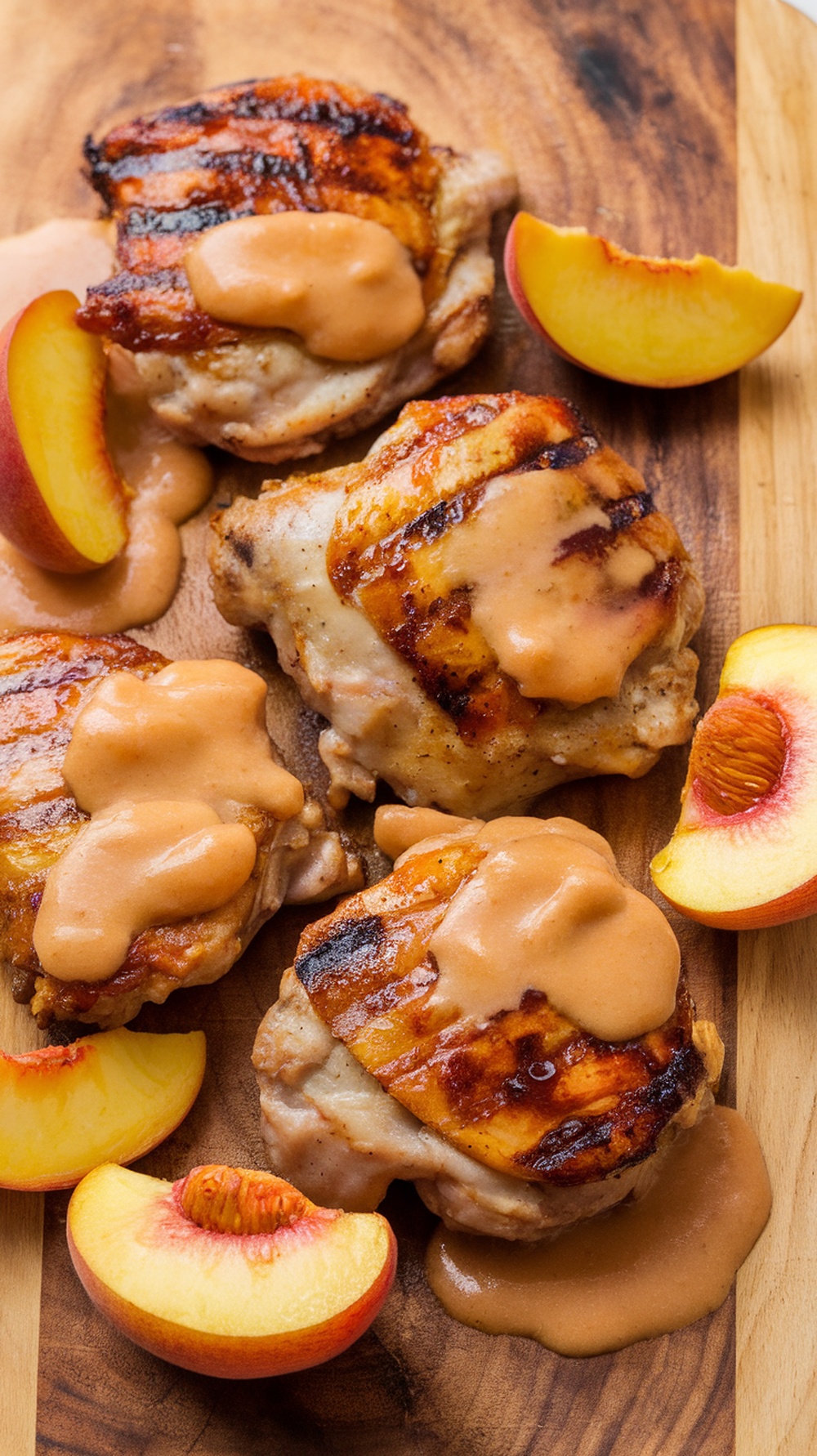 Grilled chicken thighs topped with peach glaze and fresh peach slices