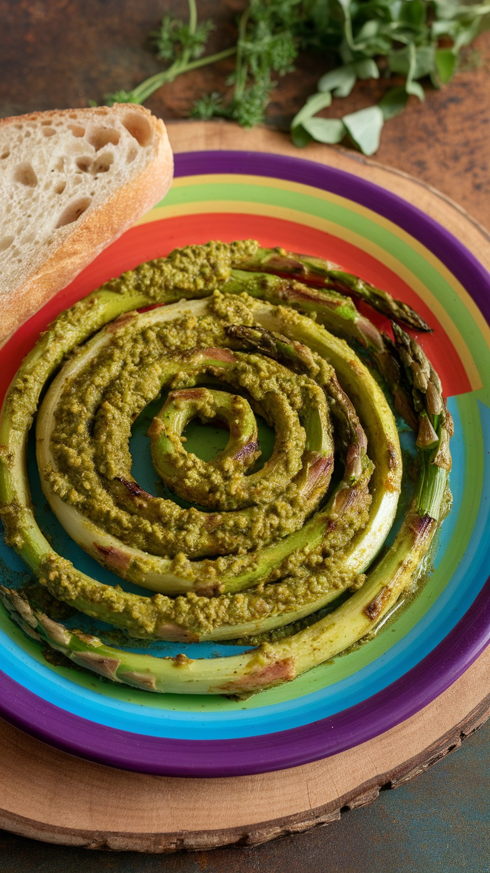 Grilled asparagus drizzled with pesto on a colorful plate with a slice of bread