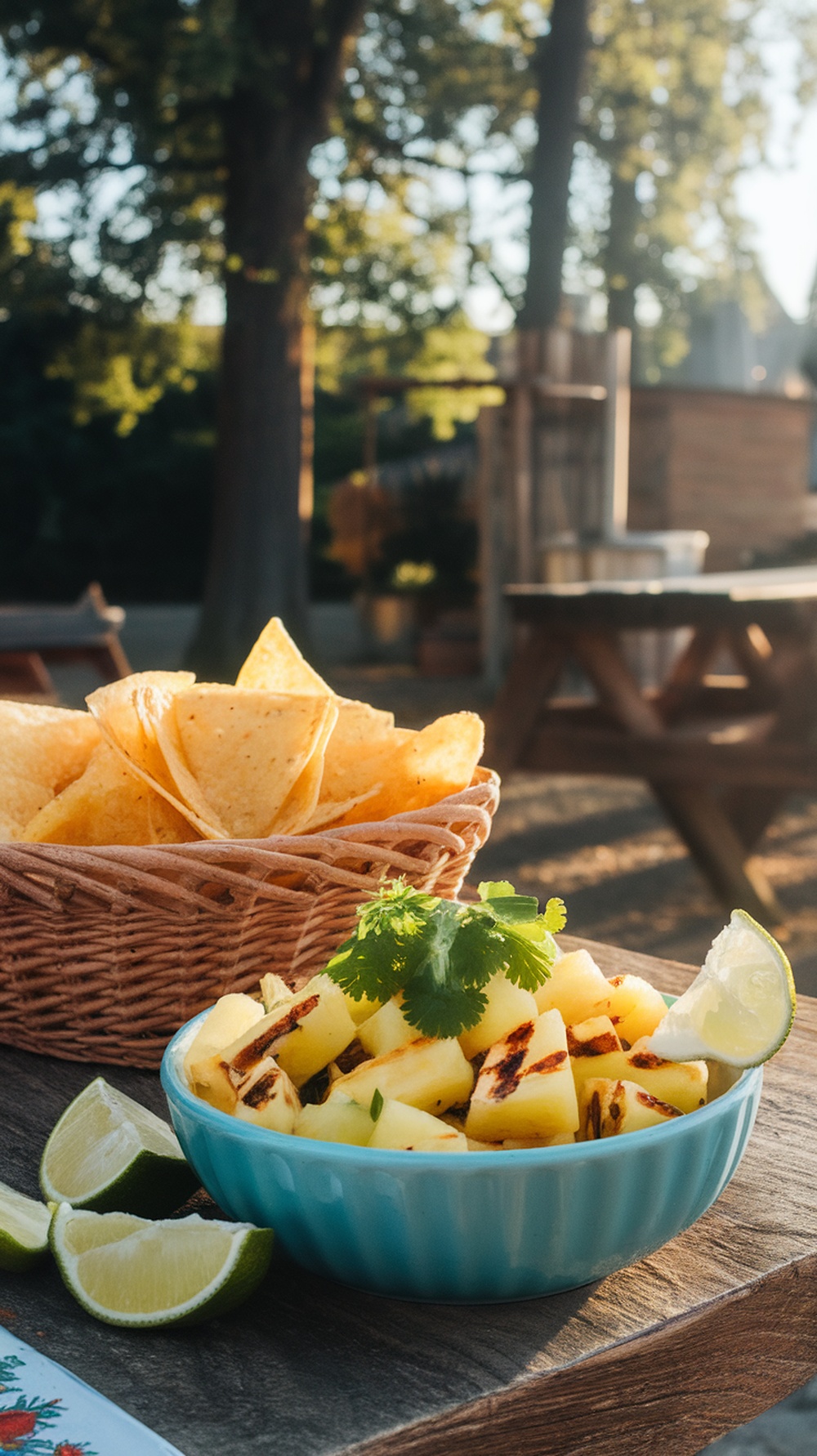 A bowl of grilled pineapple salsa with tortilla chips in the background, set in a sunny outdoor setting.