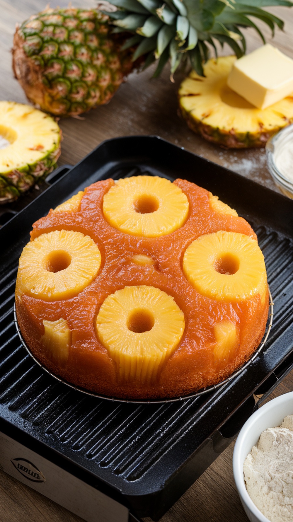 Grilled pineapple upside-down cake with fresh pineapples and ingredients around it.
