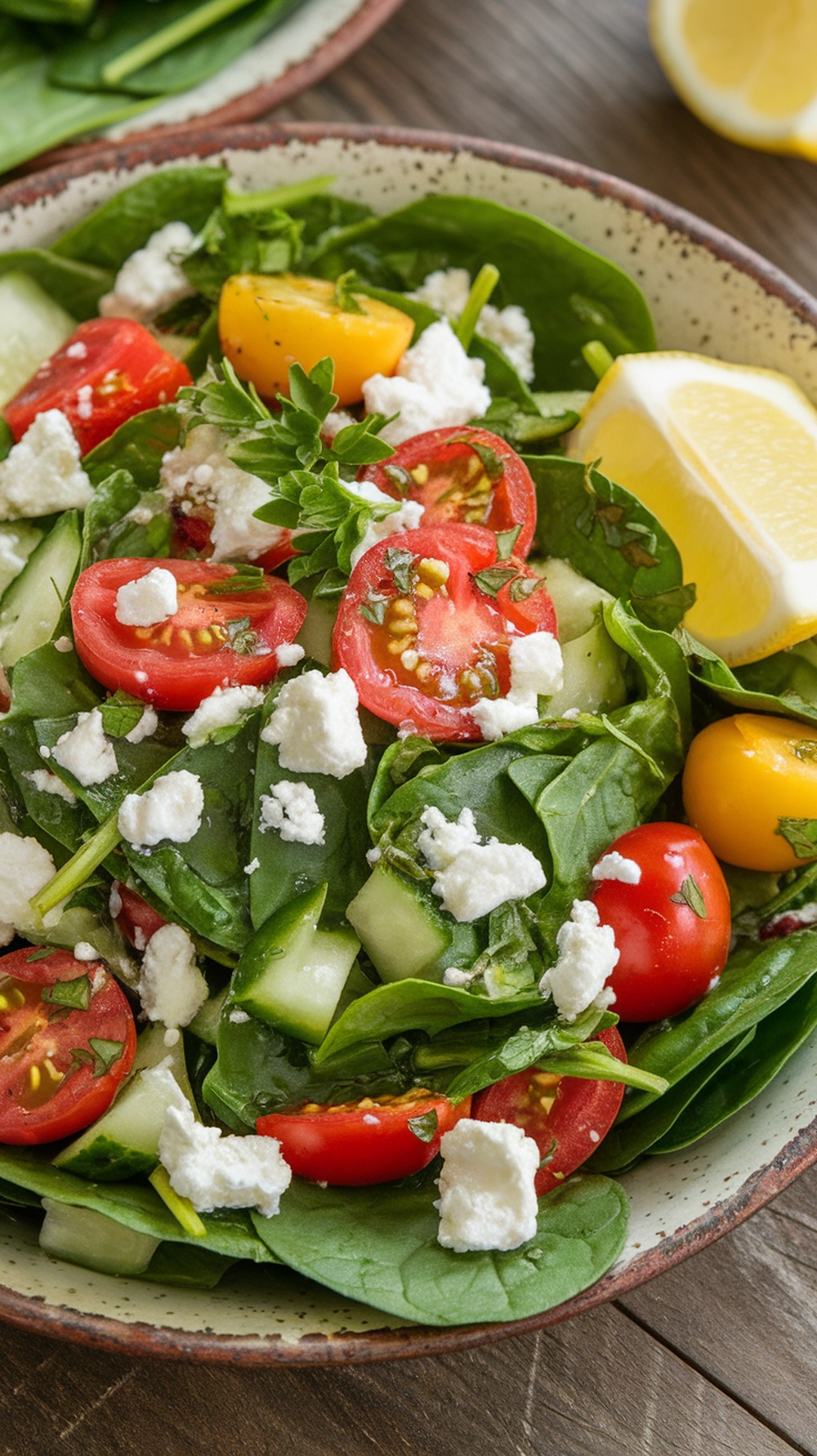 A colorful Mediterranean spinach salad with spinach, chickpeas, cherry tomatoes, cucumber, and feta cheese in a rustic bowl.