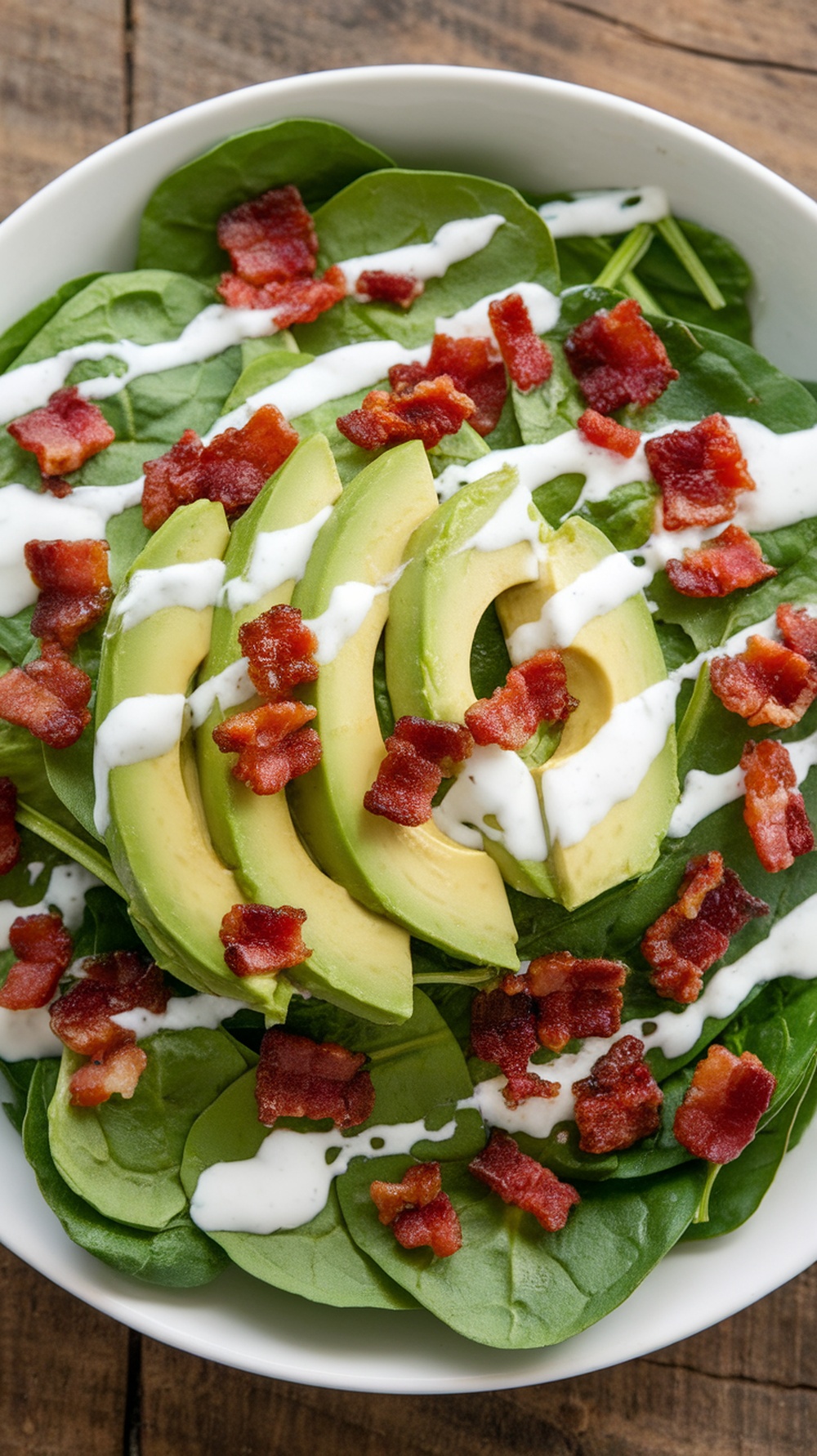 A fresh spinach salad with avocado and bacon, drizzled with creamy dressing on a rustic wooden table.