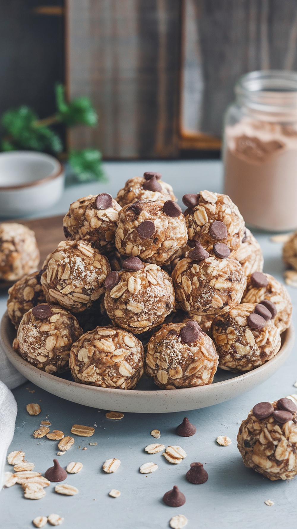 Nutty Protein Balls Recipe A plate of nutty protein balls made with oats and chocolate chips on a wooden table.