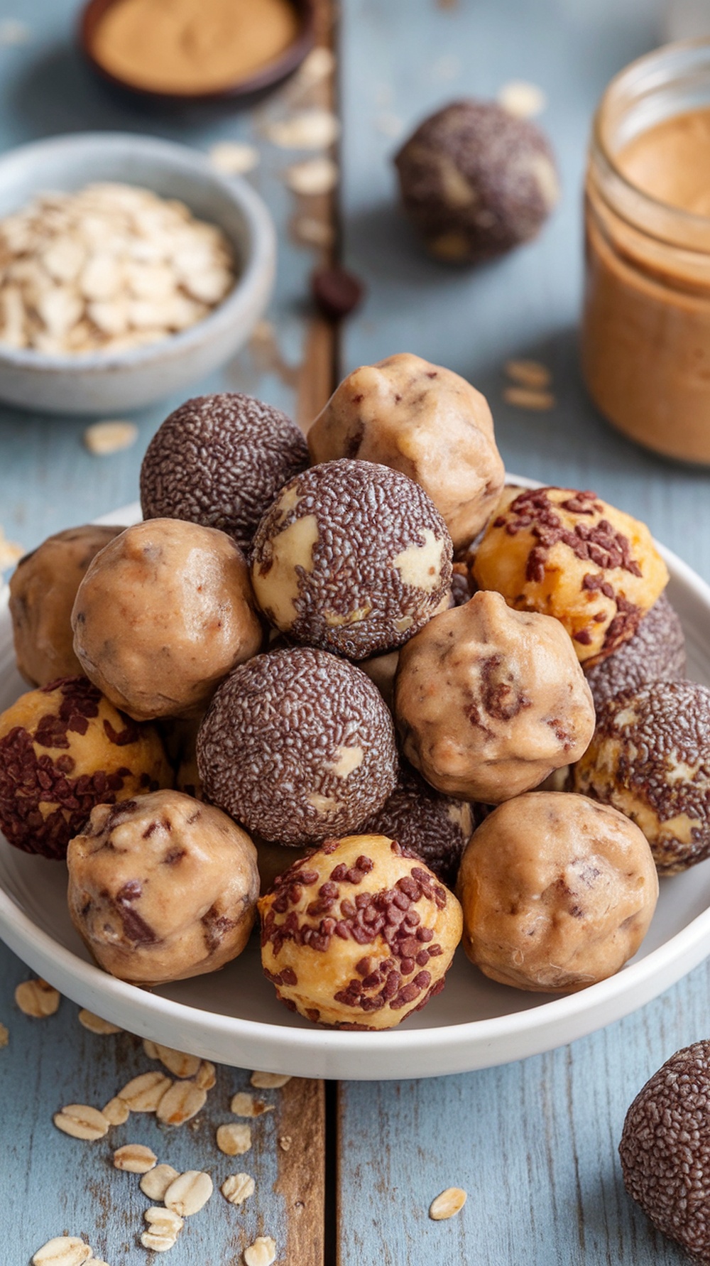 No-Bake Protein Energy Balls Recipe A plate of no-bake protein energy balls made with oats, nut butter, and chocolate chips, on a rustic wooden table.
