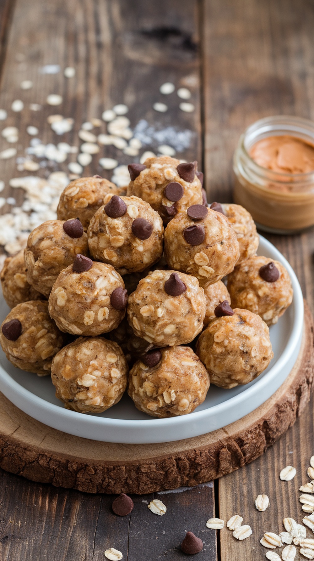 No-Bake Oatmeal Protein Balls Recipe A plate of no-bake oatmeal protein balls with chocolate chips, surrounded by oats and nut butter.