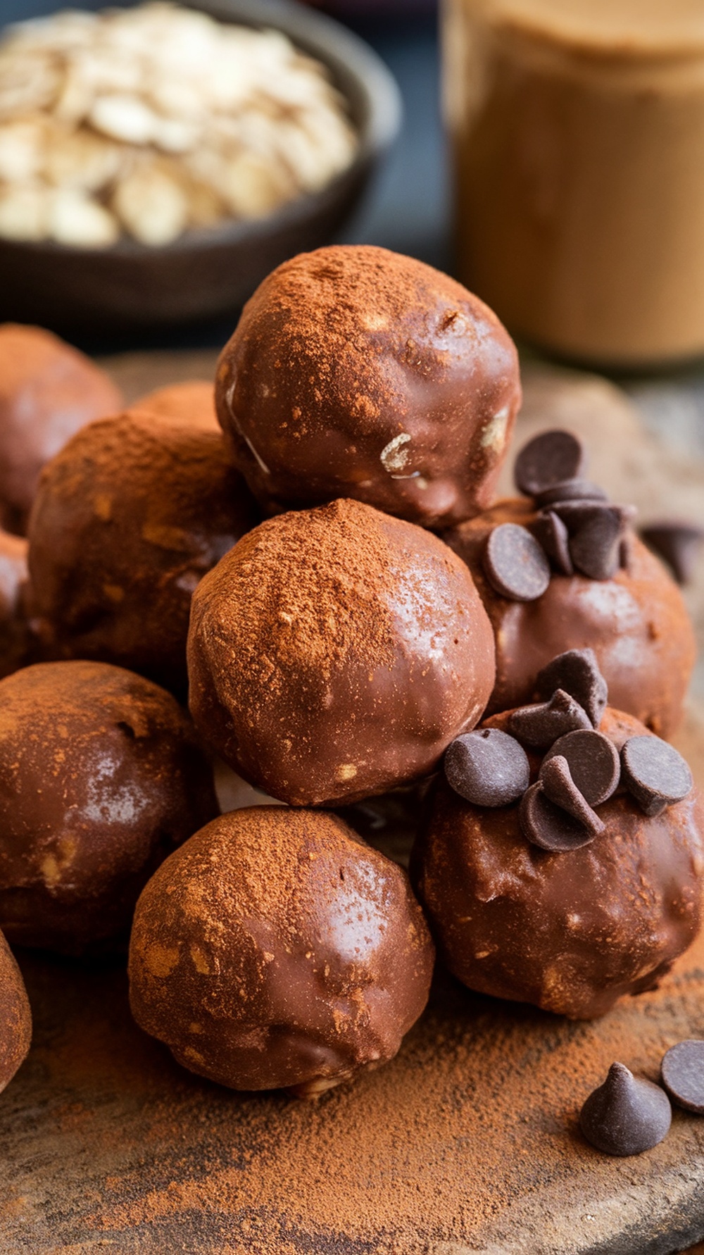 Chocolate Protein Energy Balls Recipe Chocolate protein energy balls on a wooden surface, some with cocoa powder and chocolate chips.