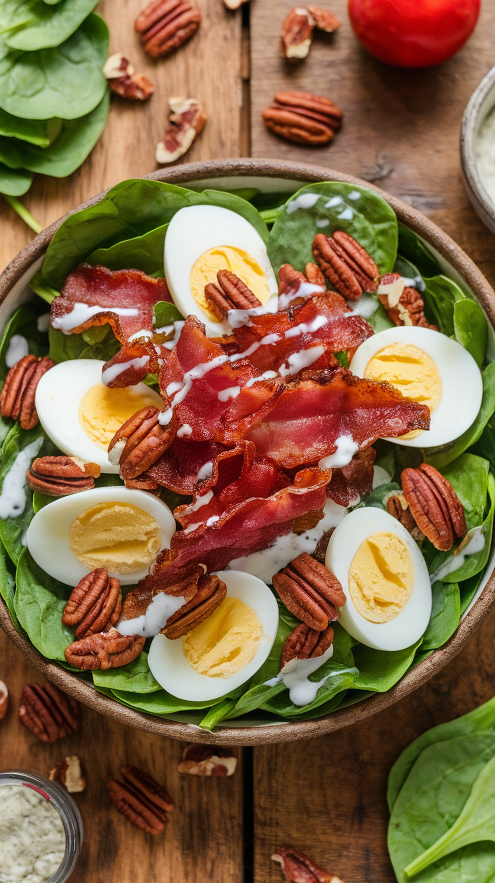 A colorful spinach salad with bacon, hard-boiled eggs, and pecans, dressed with ranch dressing, on a wooden table.