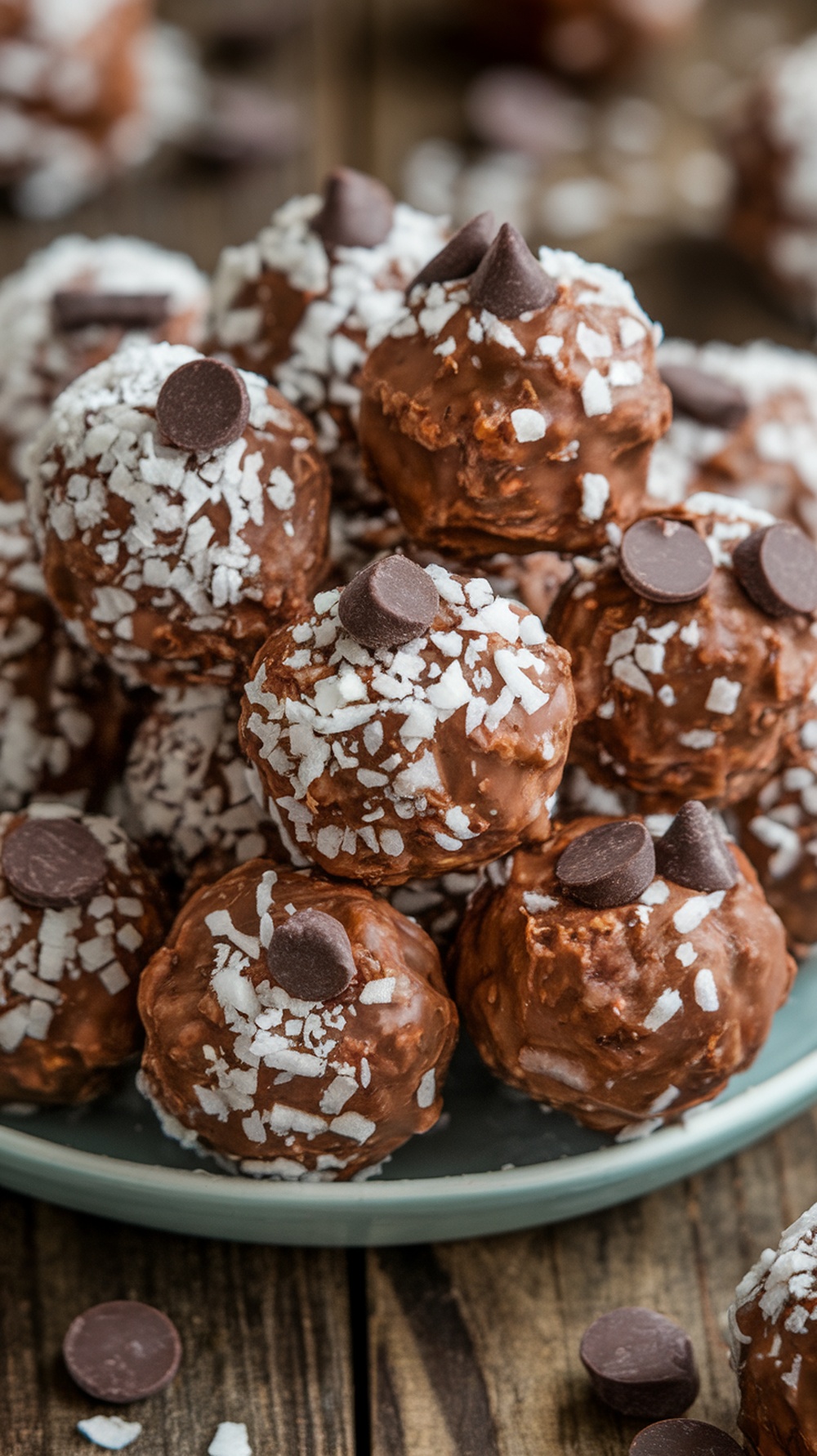 Keto Protein Balls Recipe A plate of keto protein balls made with almond flour and nut butter, garnished with coconut and chocolate chips.