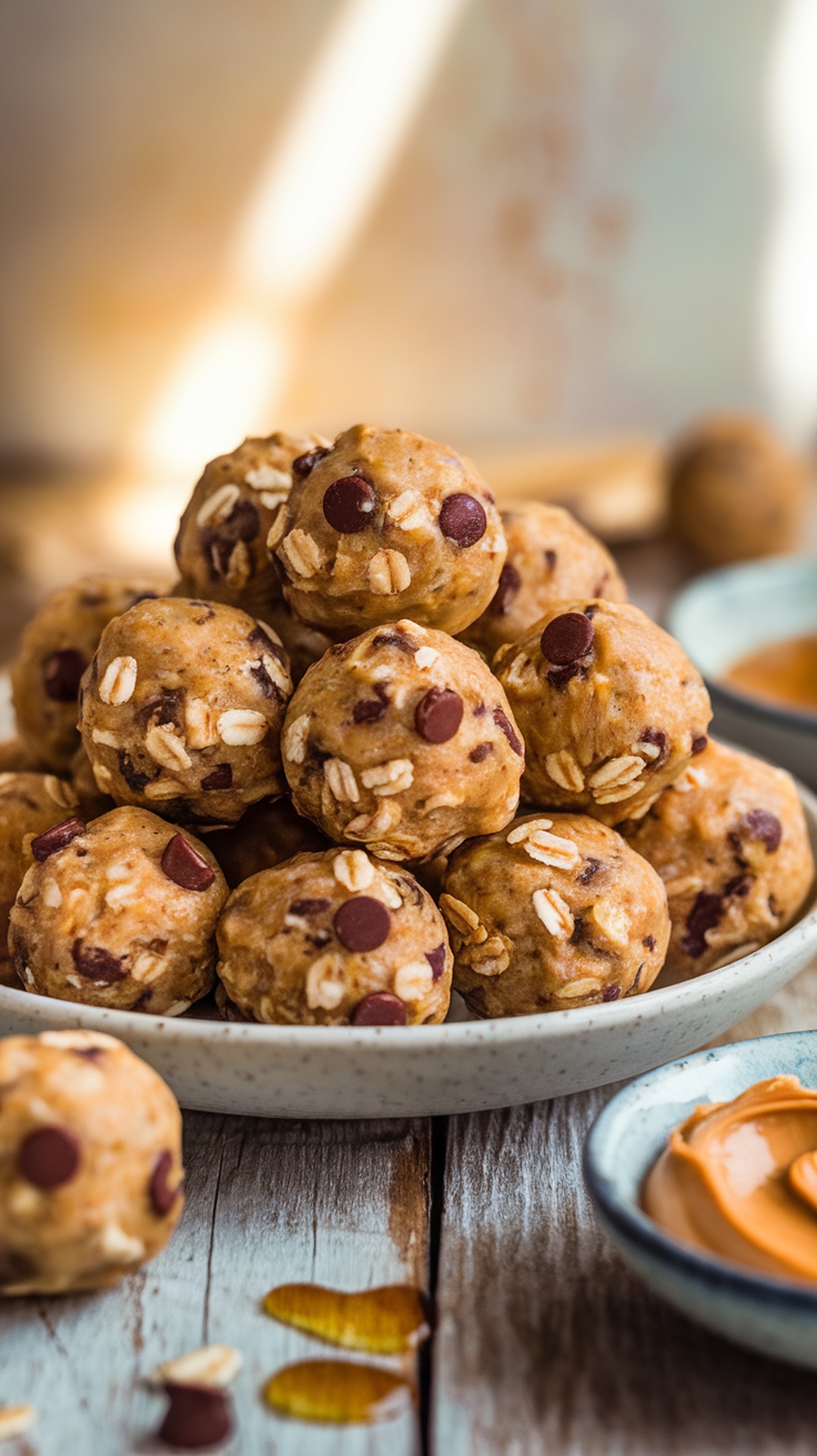 No-Bake Peanut Butter Protein Balls Recipe A plate of no-bake protein balls made with oats and peanut butter, surrounded by ingredients like honey and chocolate chips.