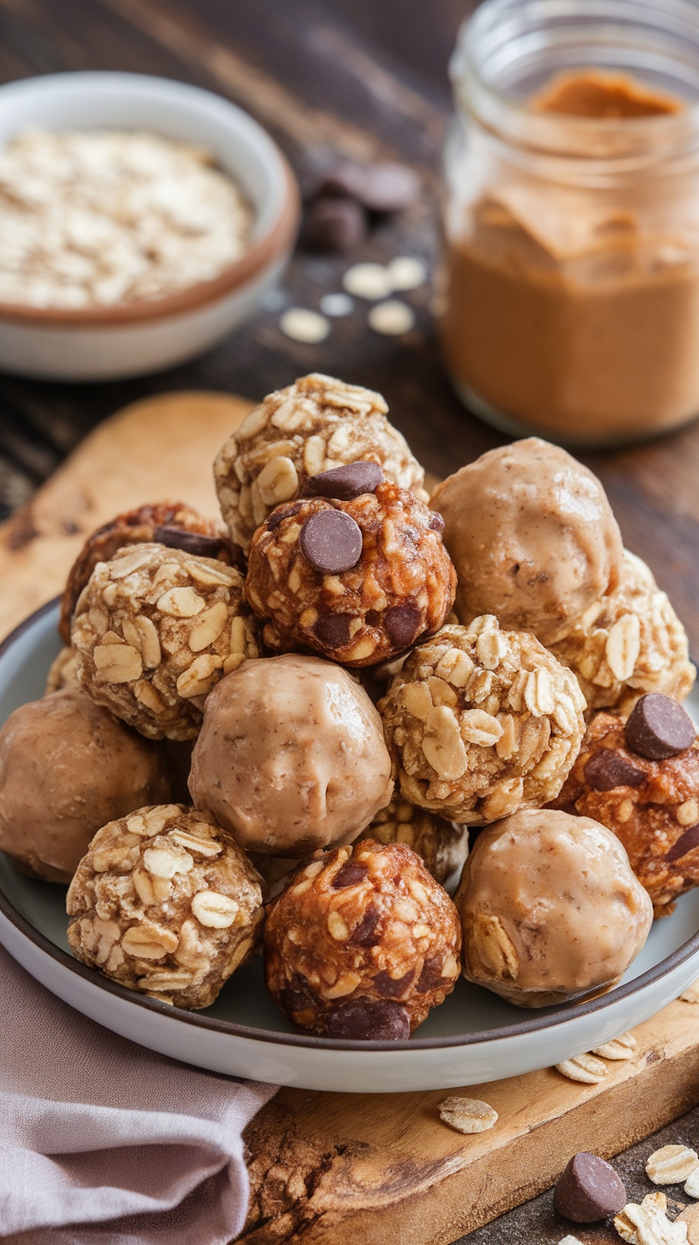 No-Bake Protein Energy Balls Recipe A plate of no-bake protein energy balls made with oats and nut butter, surrounded by oats and a jar of nut butter.