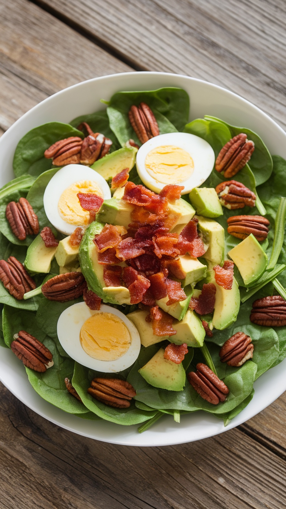 A colorful avocado spinach salad with bacon, eggs, and pecans, drizzled with citrus dressing on a rustic table.
