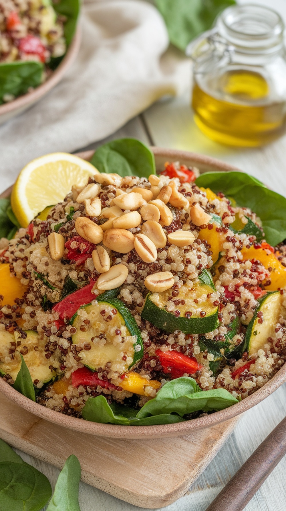 A colorful quinoa salad with roasted zucchini, red and yellow bell peppers, fresh spinach, and roasted peanuts in a rustic bowl.