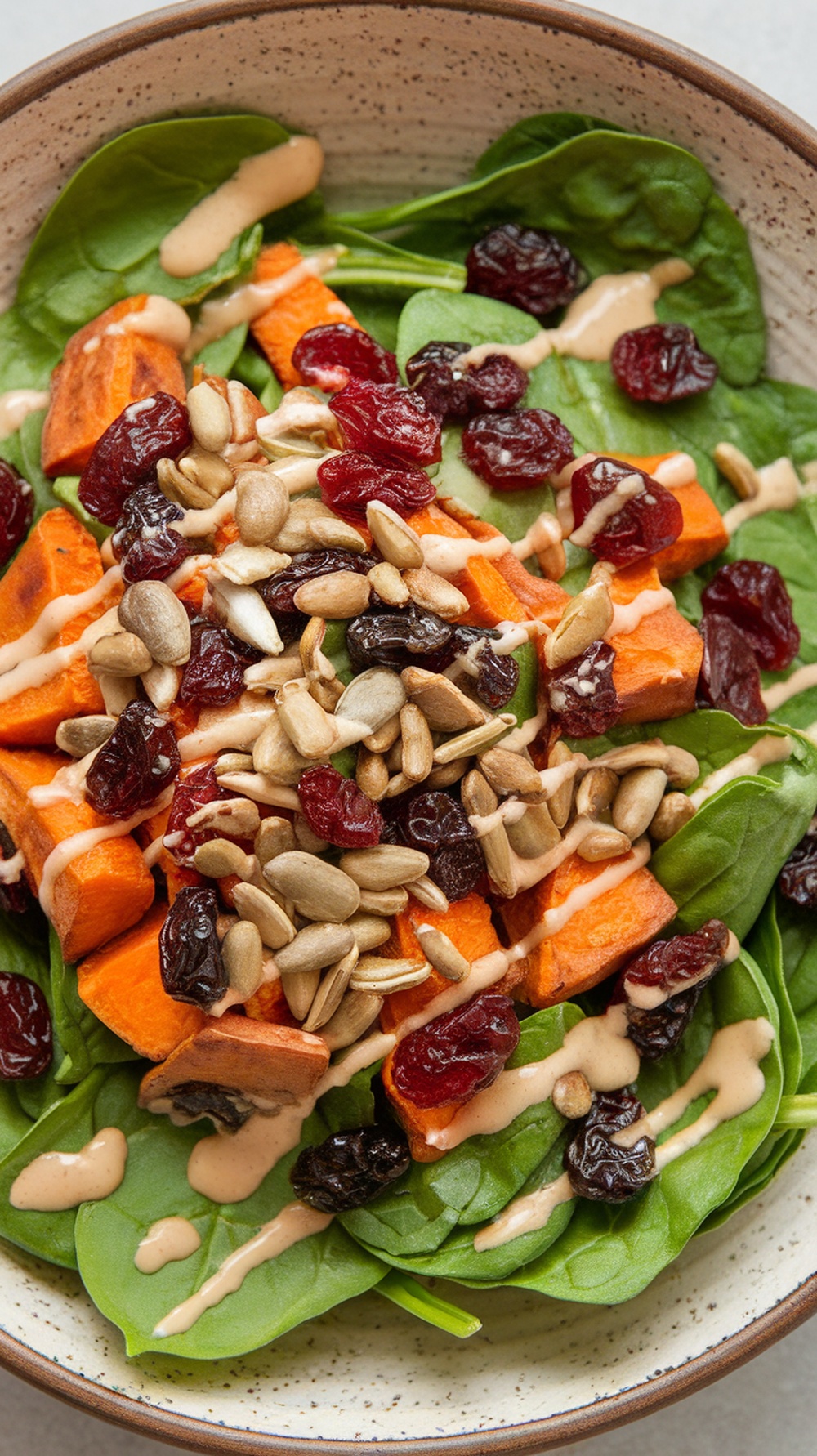 A fresh spinach salad with roasted sweet potatoes, cranberries, and sunflower seeds, drizzled with maple dressing.