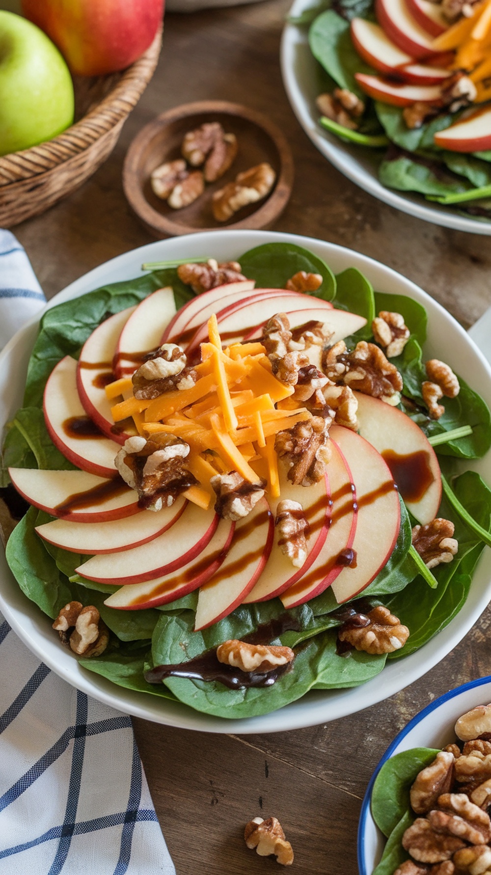 A fresh spinach salad with apples, cheddar cheese, and walnuts, drizzled with balsamic vinaigrette on a rustic table.