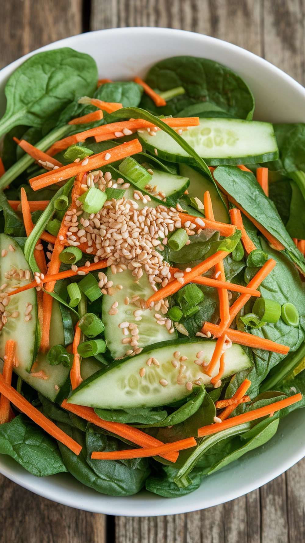 A colorful Asian spinach salad with cucumbers, carrots, and sesame seeds in a bowl.