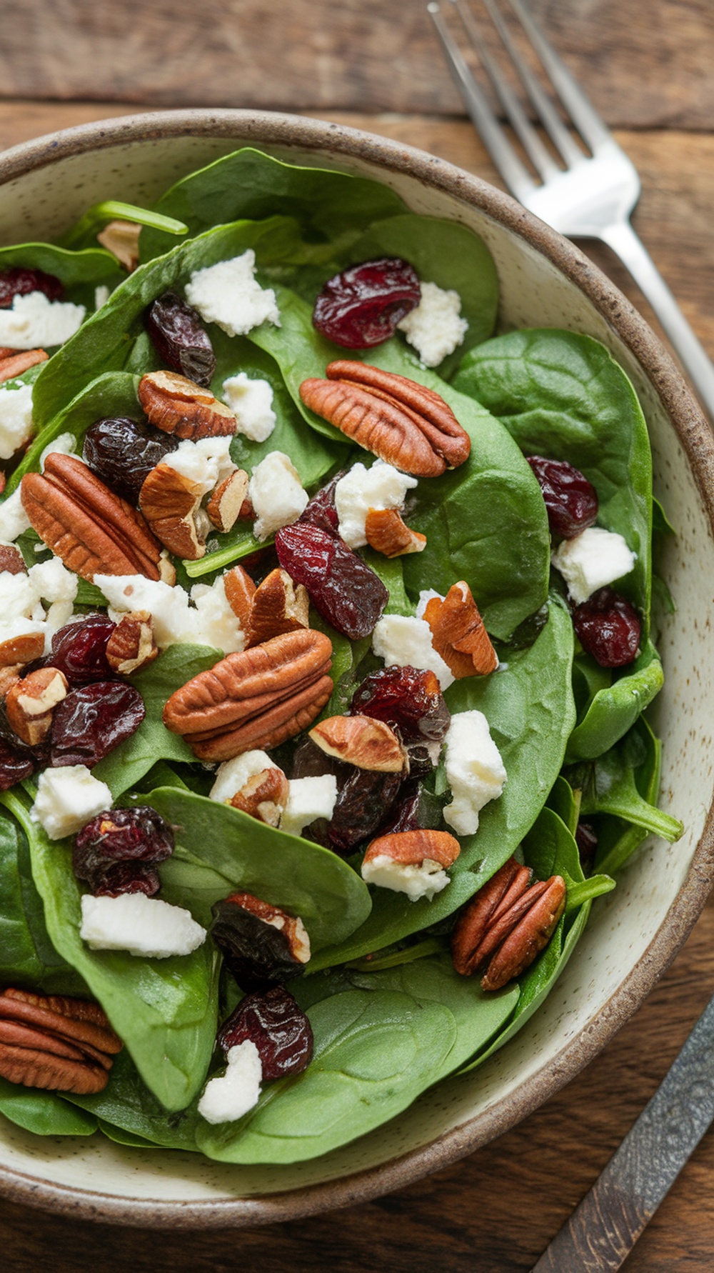 A colorful spinach salad with cranberries, pecans, and feta cheese in a rustic bowl.
