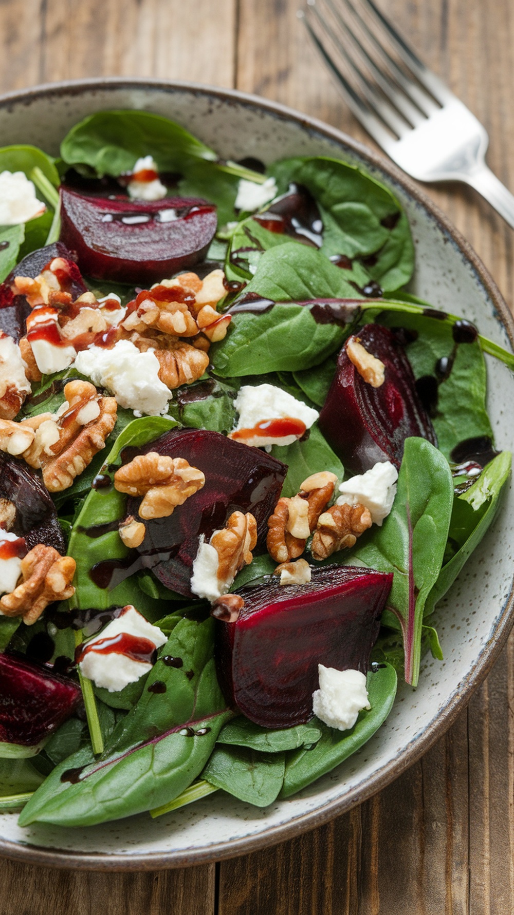A colorful spinach salad with beets, goat cheese, and walnuts, drizzled with balsamic reduction on a wooden table.
