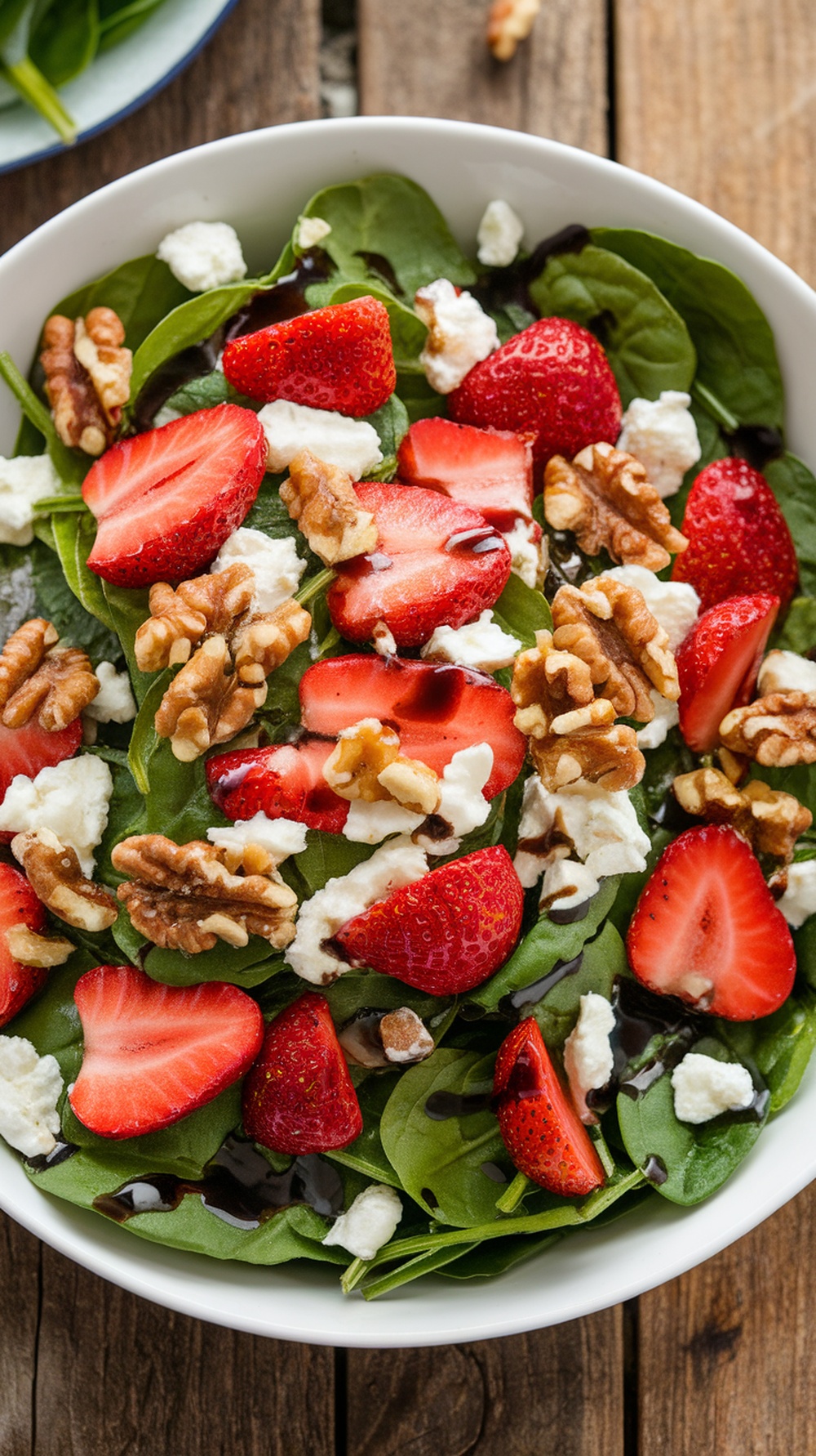 A fresh spinach salad with strawberries, goat cheese, and walnuts, drizzled with balsamic vinaigrette on a rustic table.