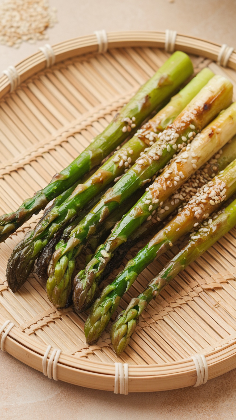 Grilled asparagus with sesame seeds on a bamboo plate