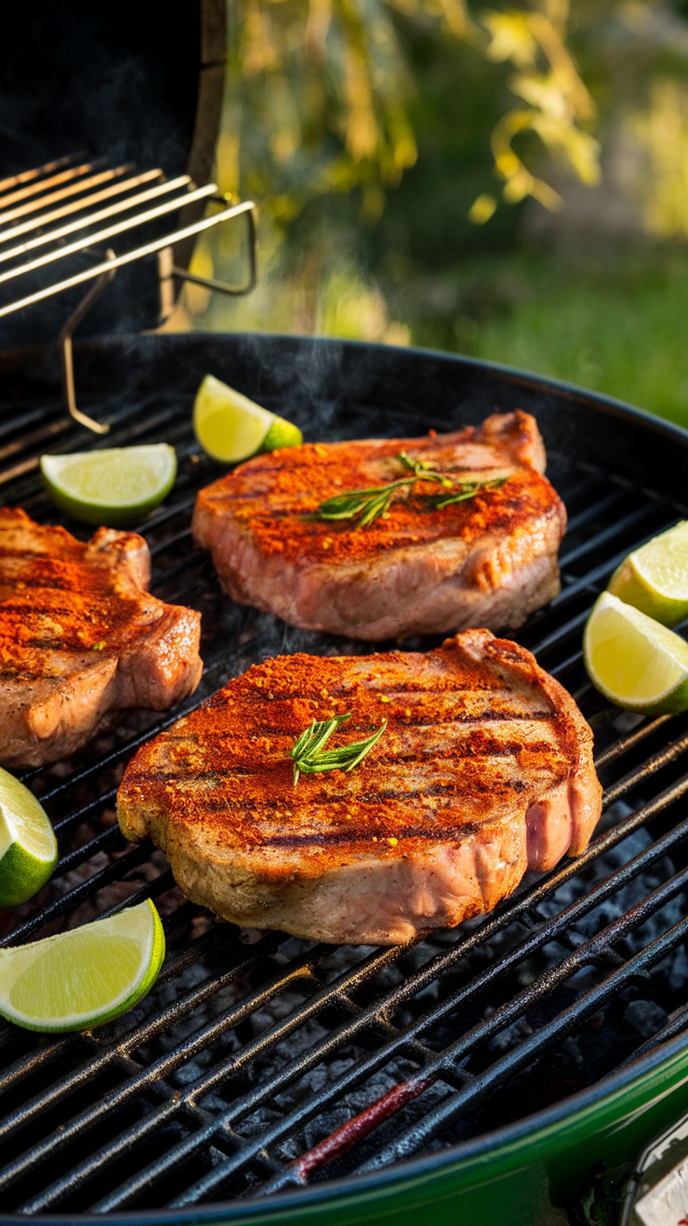 Grilled pork chops seasoned with smoky paprika and garnished with lime wedges on a grill.