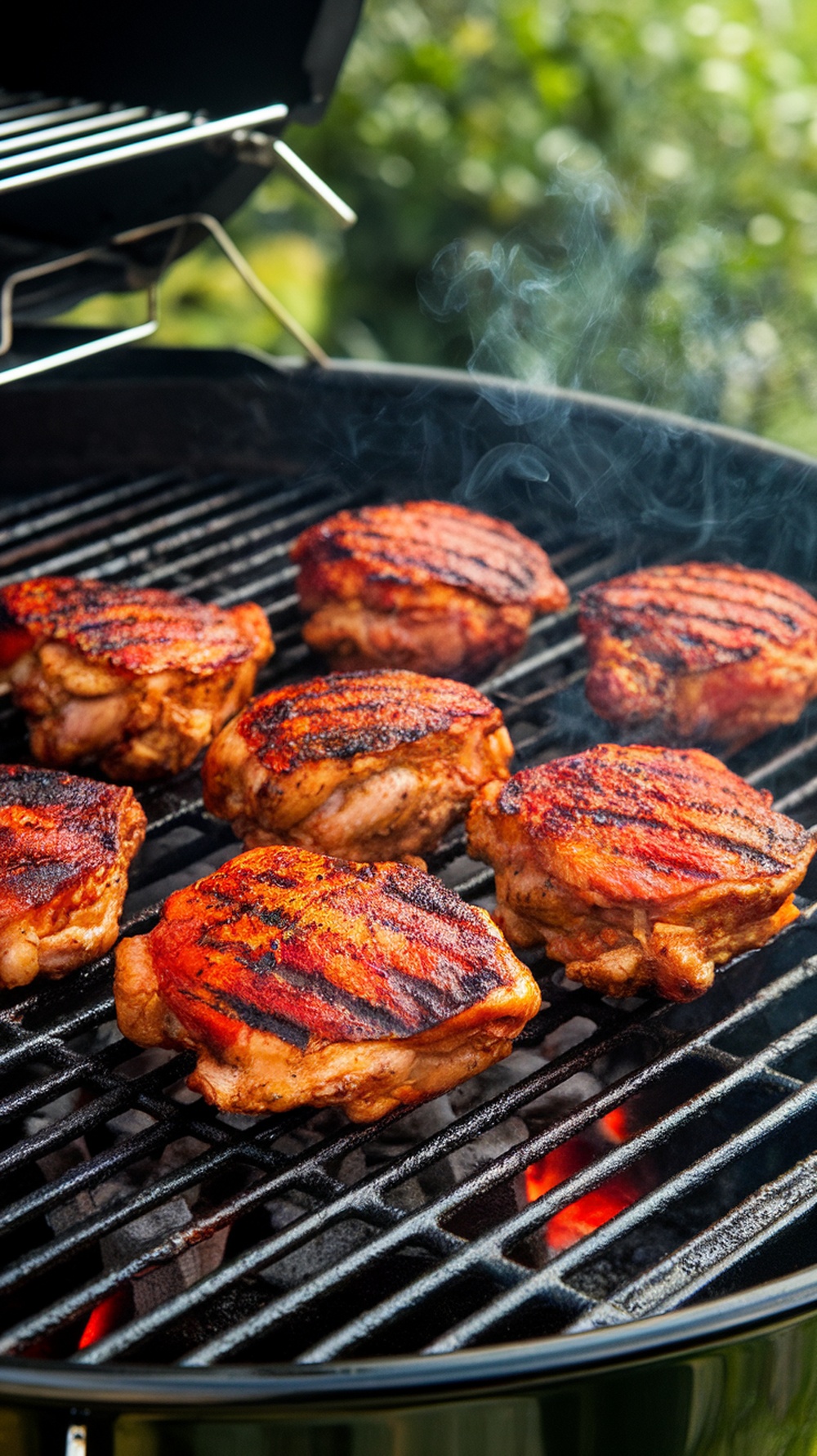 Grilled chicken thighs with smoky paprika seasoning on a barbecue grill