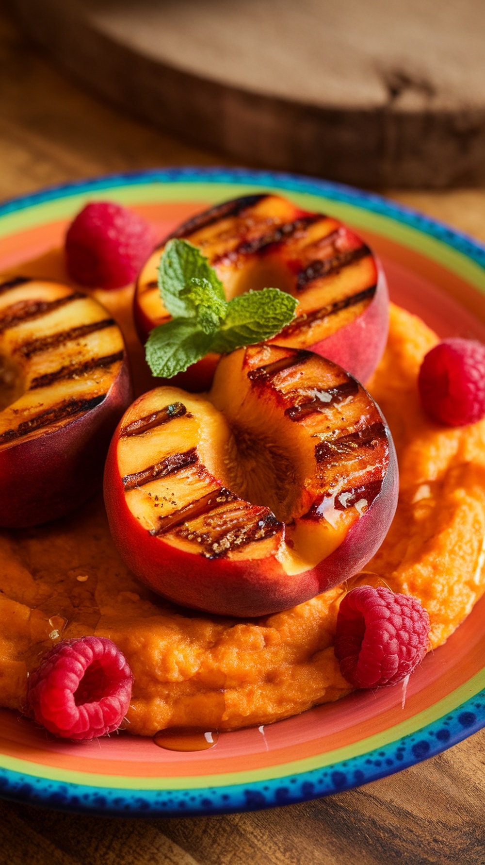 Grilled peaches with spiced rum and cinnamon, garnished with raspberries and mint on a colorful plate.