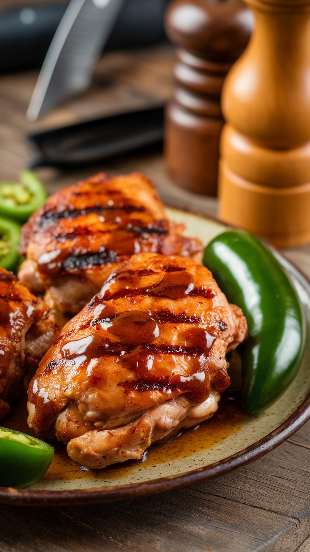 Grilled chicken thighs with chipotle glaze and jalapeños on a plate