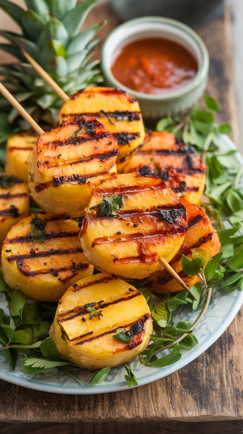 Grilled pineapple slices with a spicy chipotle sauce, garnished with fresh herbs.