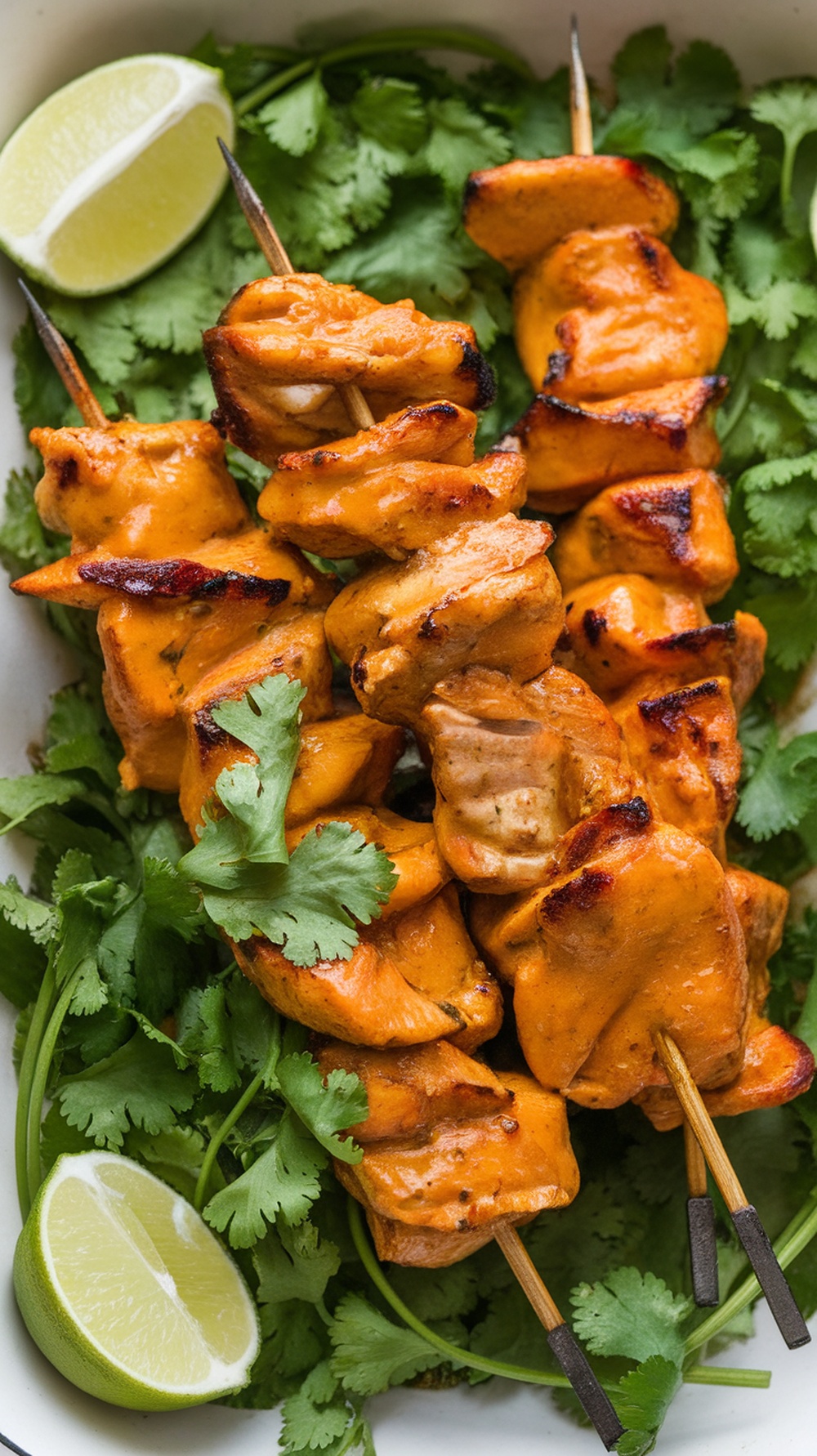 Spicy mango chicken skewers on a bed of cilantro with lime wedges