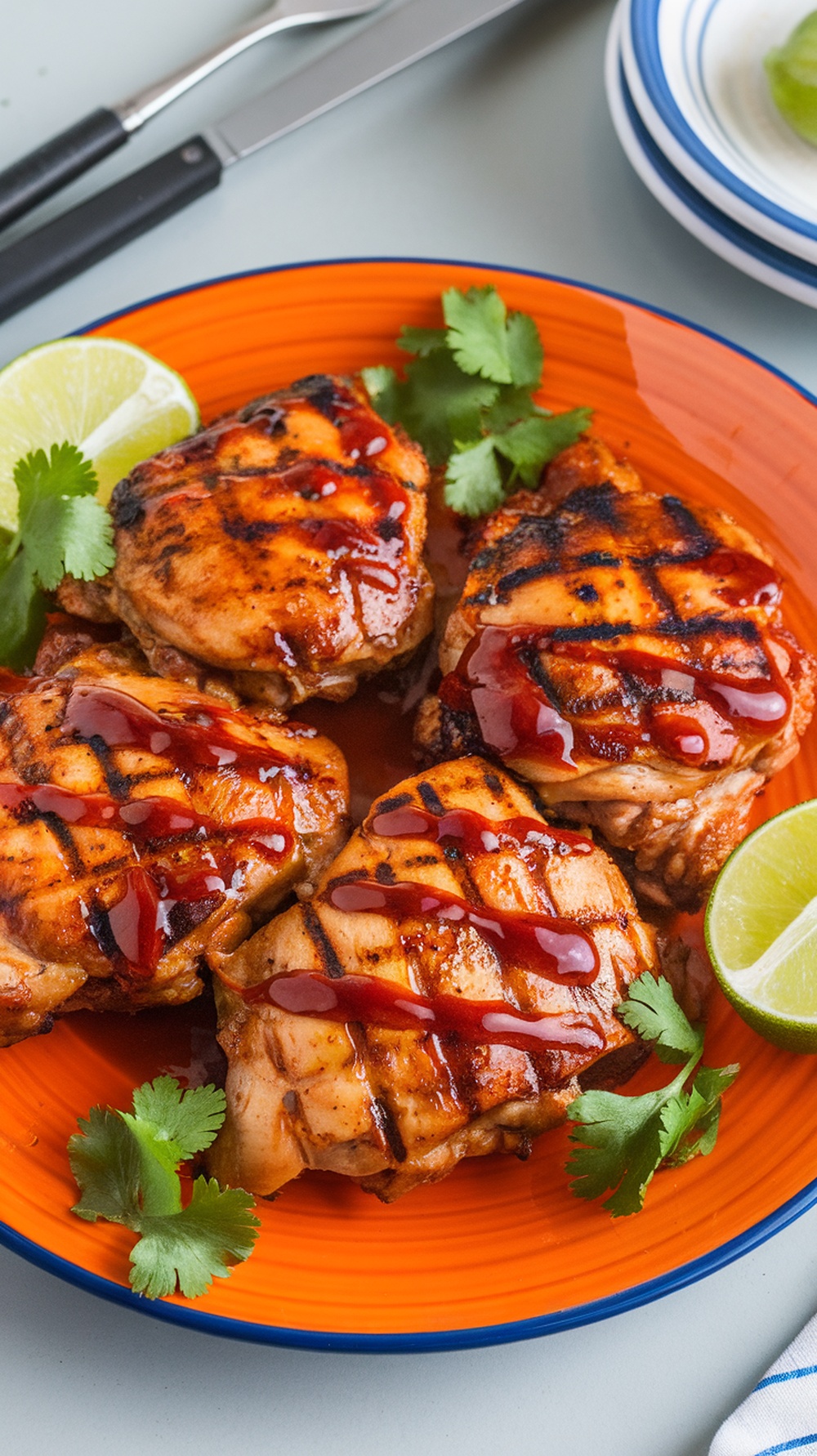 Grilled Sriracha Lime Chicken Thighs on an orange plate with lime wedges and cilantro