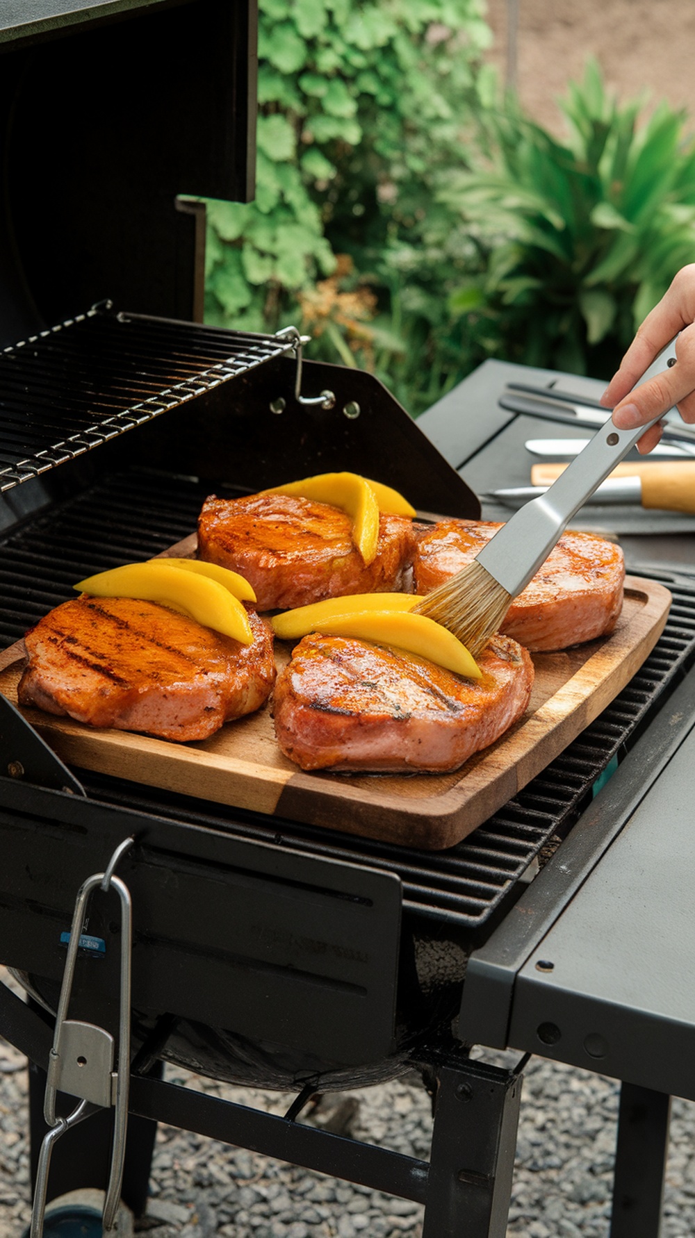 Grilled pork chops with mango glaze on a wooden board