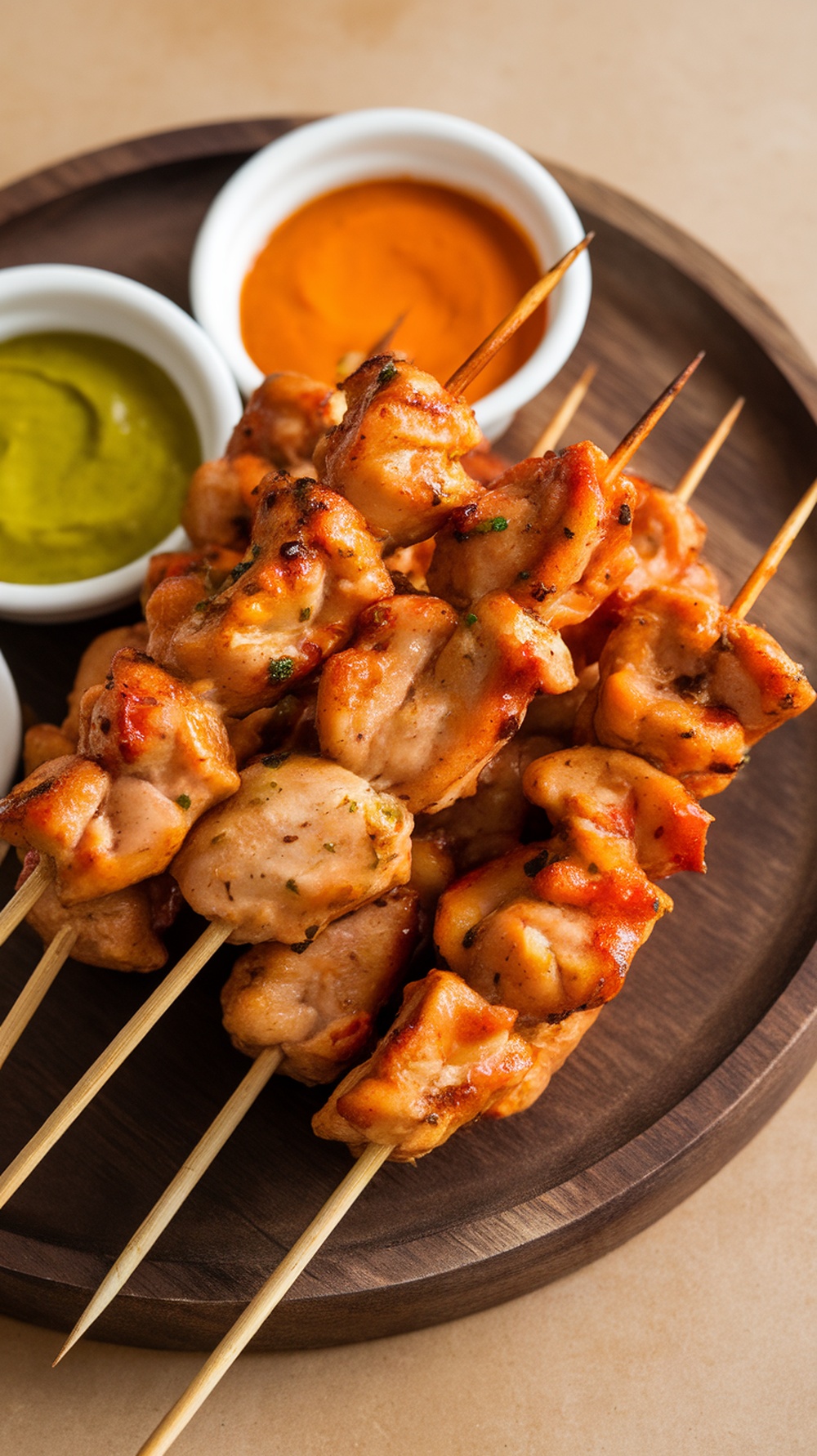 Delicious sweet chili chicken skewers served with dipping sauces