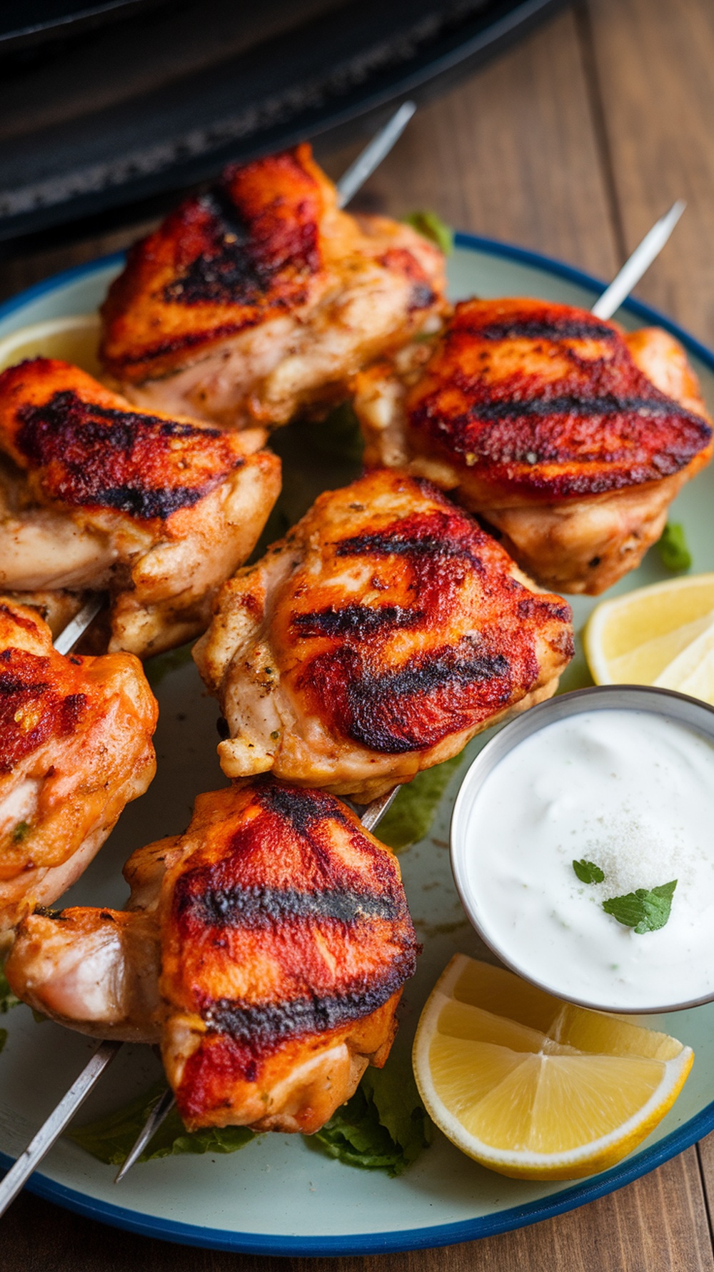 Grilled tandoori chicken thighs on skewers with yogurt sauce and lemon wedges