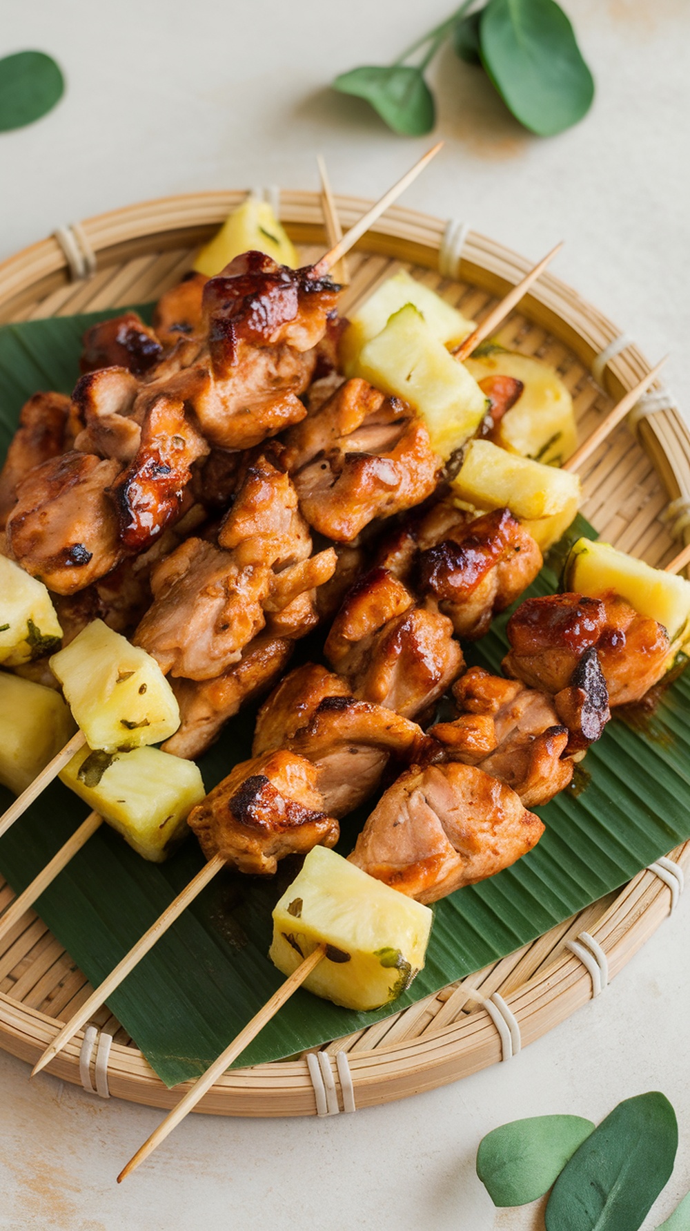 Delicious teriyaki chicken skewers with pineapple on a bamboo platter