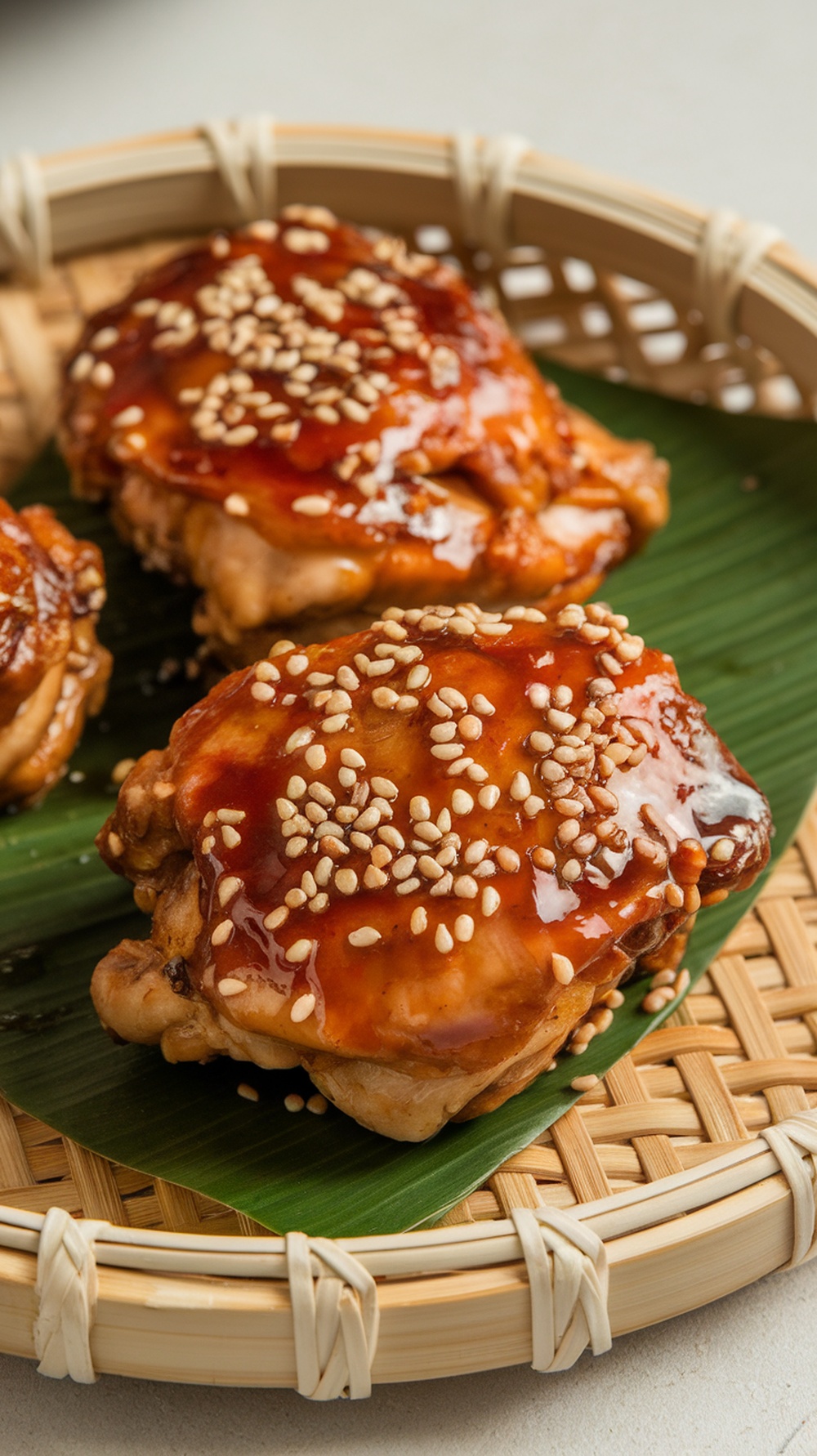 Grilled teriyaki chicken thighs topped with sesame seeds in a bamboo basket