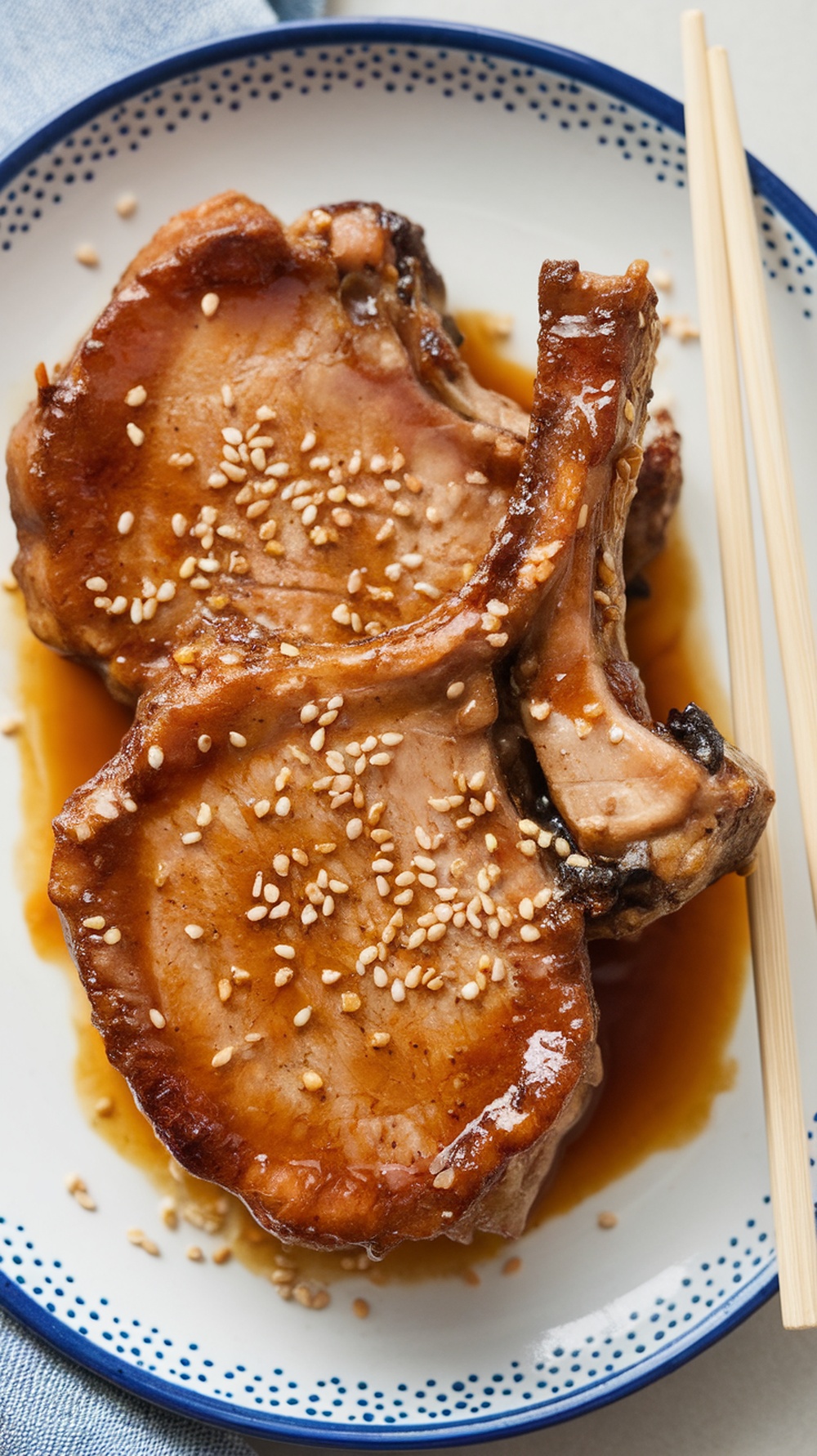 Grilled teriyaki pork chops with sesame seeds on a plate