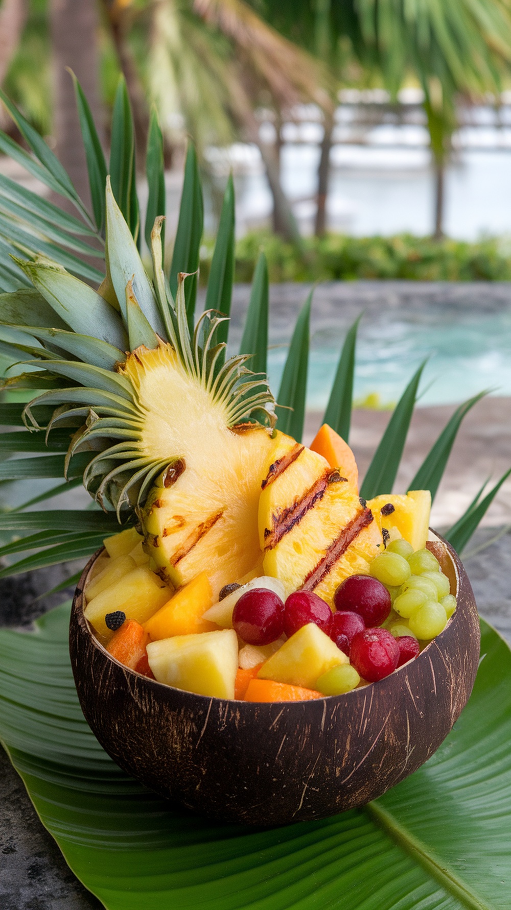 A tropical fruit salad featuring grilled pineapple, assorted melons, and grapes in a coconut bowl.