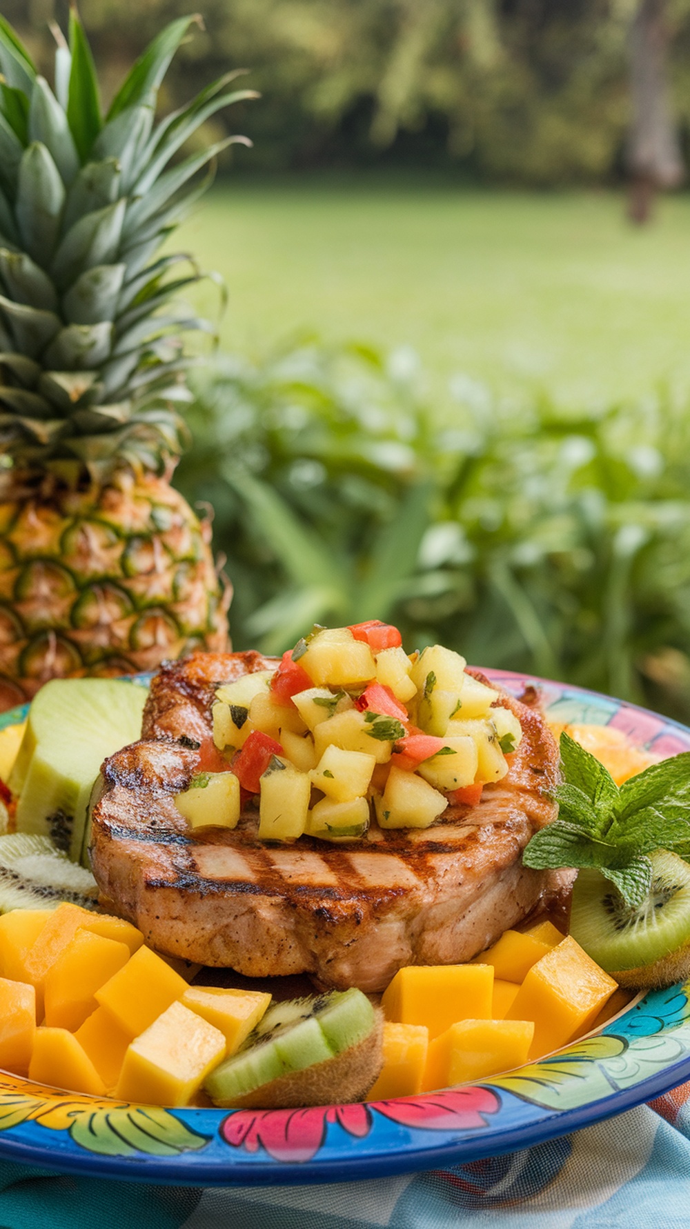 Grilled pork chop topped with pineapple salsa, surrounded by fresh fruits and a pineapple in the background.