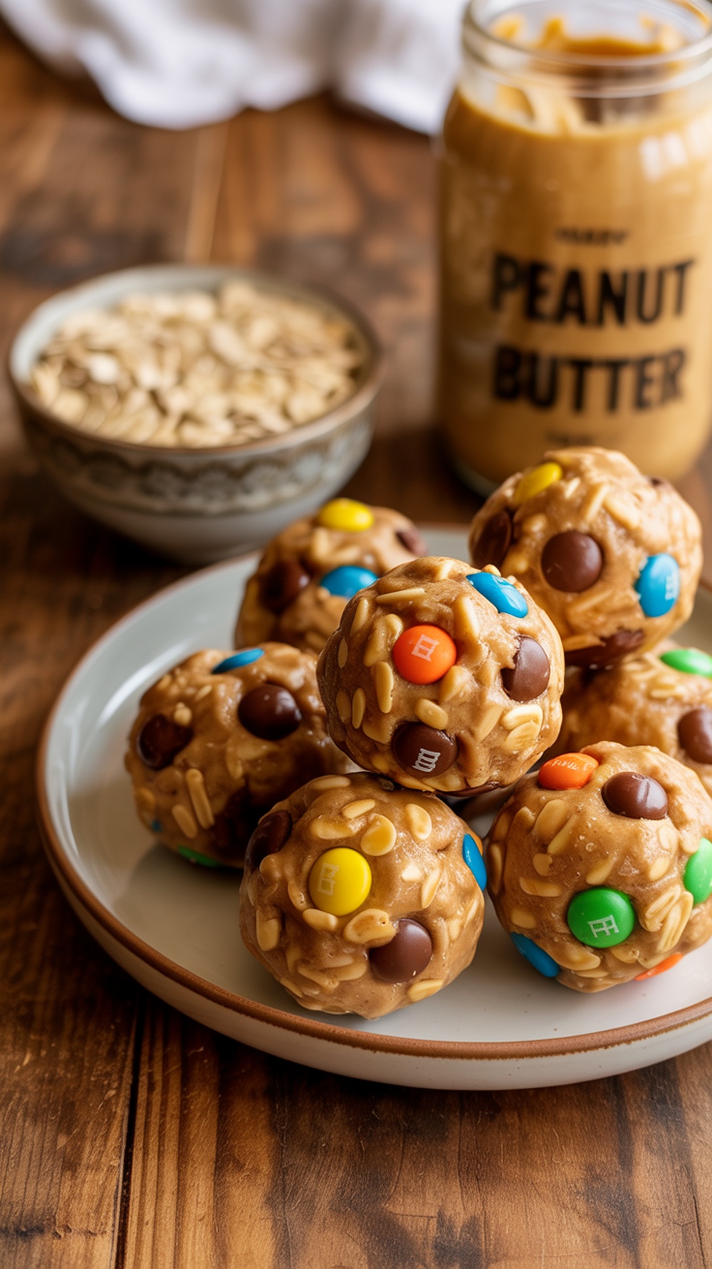 Monster Cookie Protein Balls Recipe A plate of Monster Cookie Protein Balls with chocolate chips and M&M