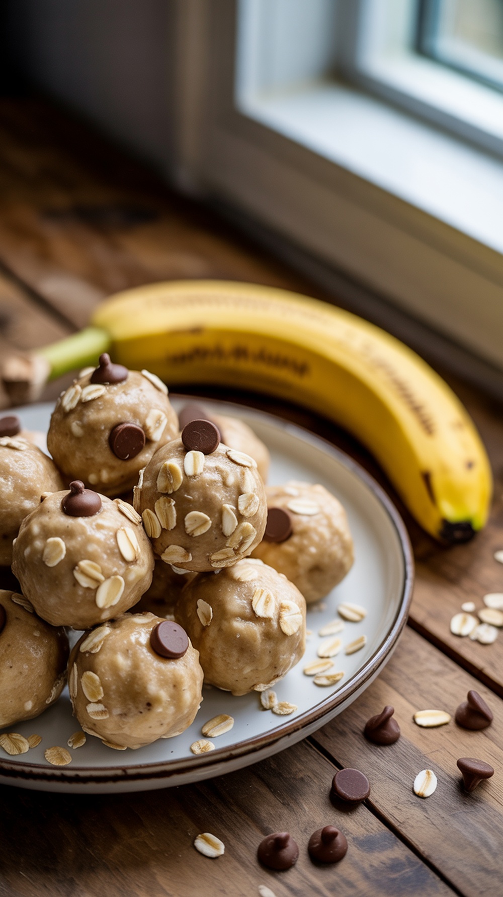 Healthy Banana Protein Balls Recipe A plate of banana protein balls with oats and chocolate chips, surrounded by fresh bananas on a wooden table.